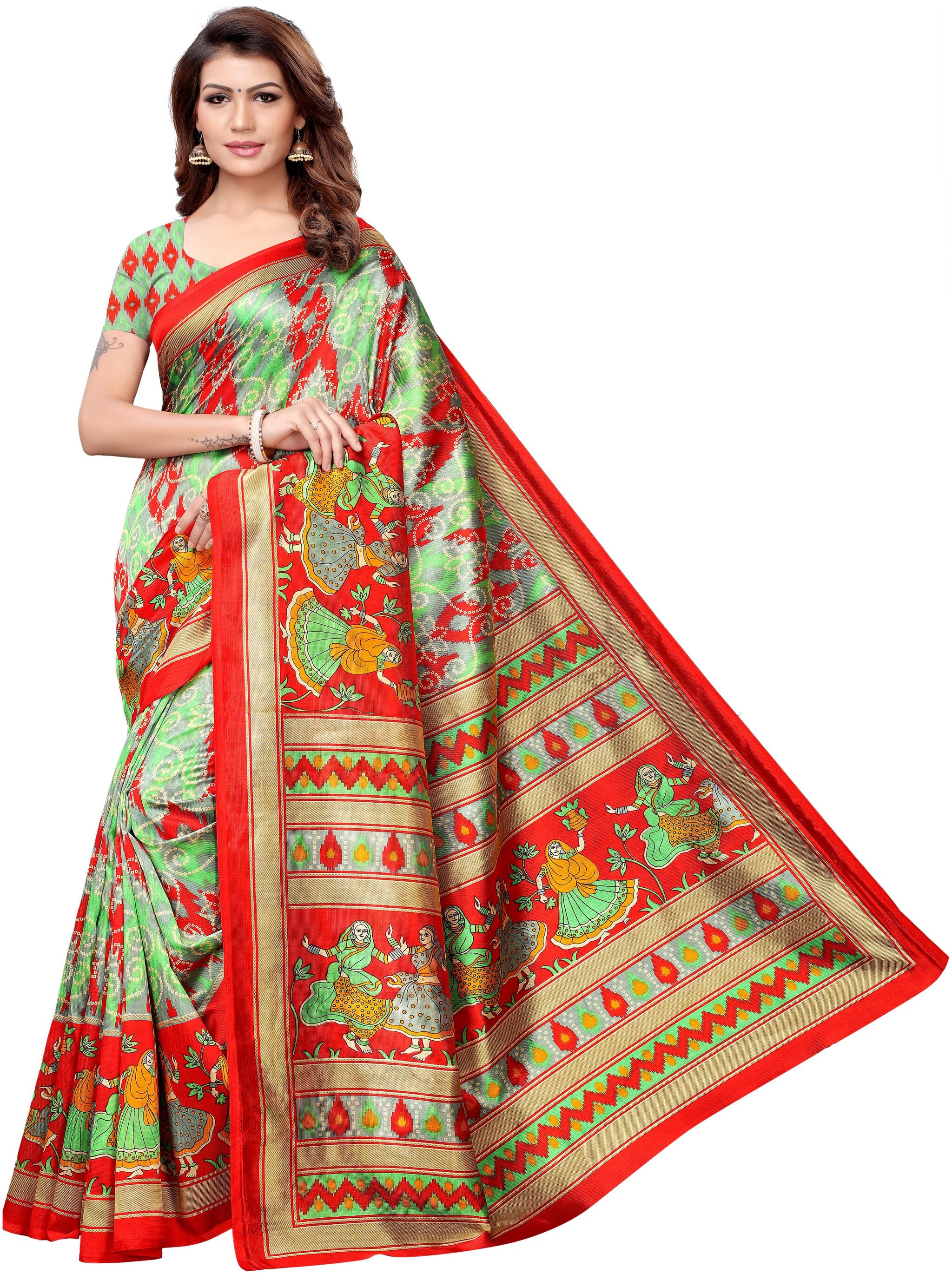 

Indian Beauty Womens Red Color Kalamkari Silk Printed Saree With Blouse pcs(CLASSMATE-GREEN-RED Free Size)