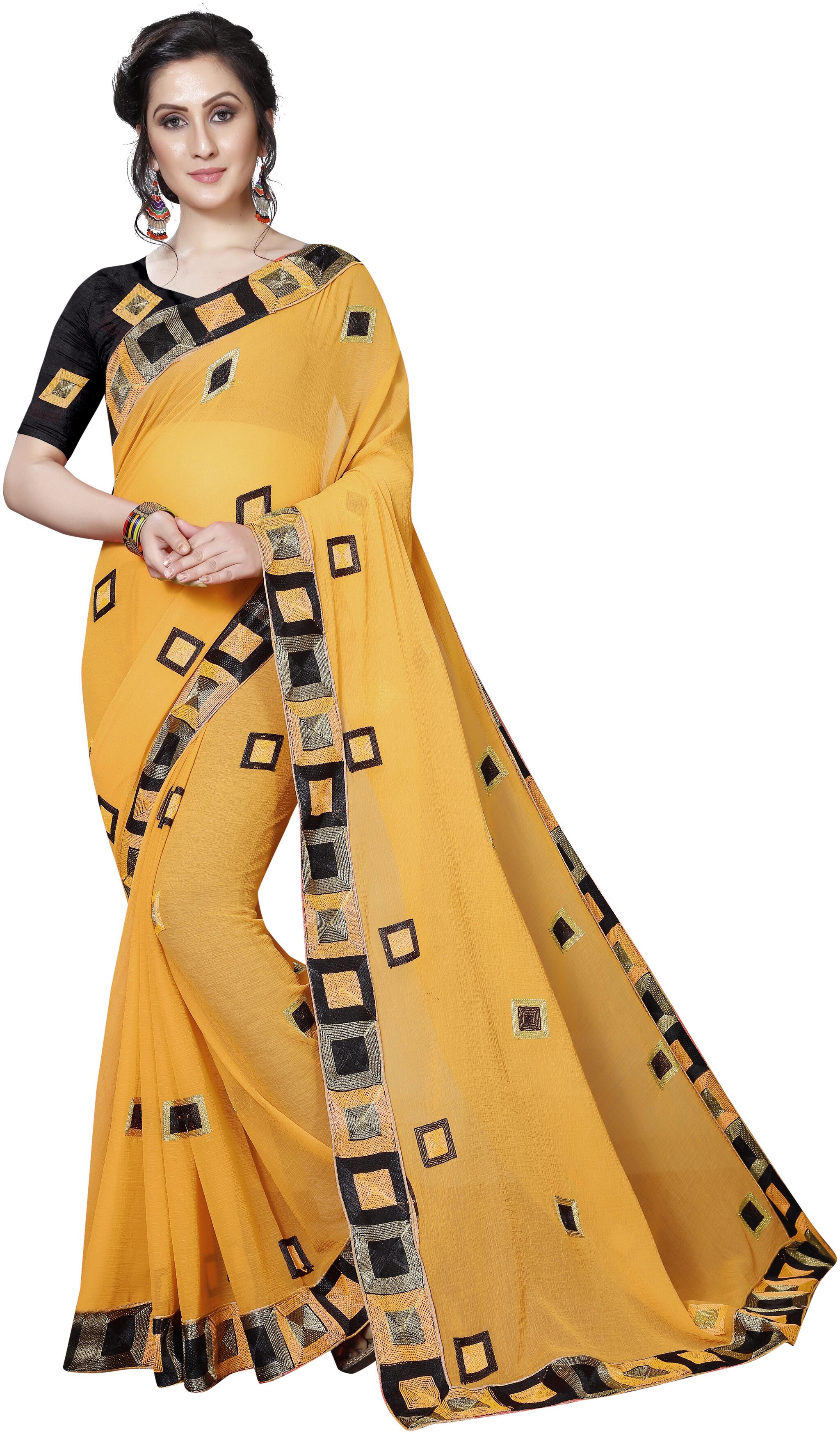 

Indian Beauty Women Yellow Color Georgette Zari Work Saree With Blouse Piece