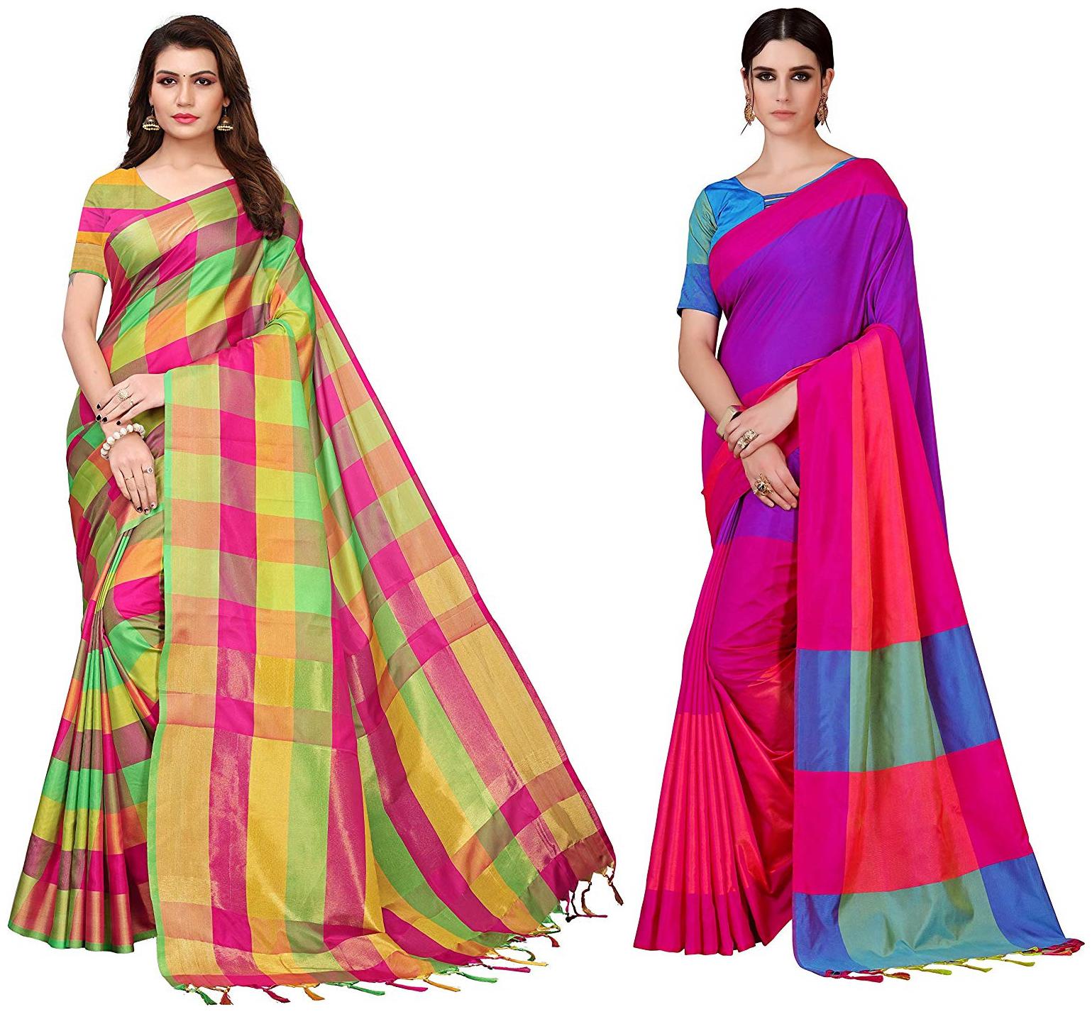 

Indian Beauty Womens Multi Color Cotton Silk Blend Plain Pack Of 2 Sarees With Blouse Piece