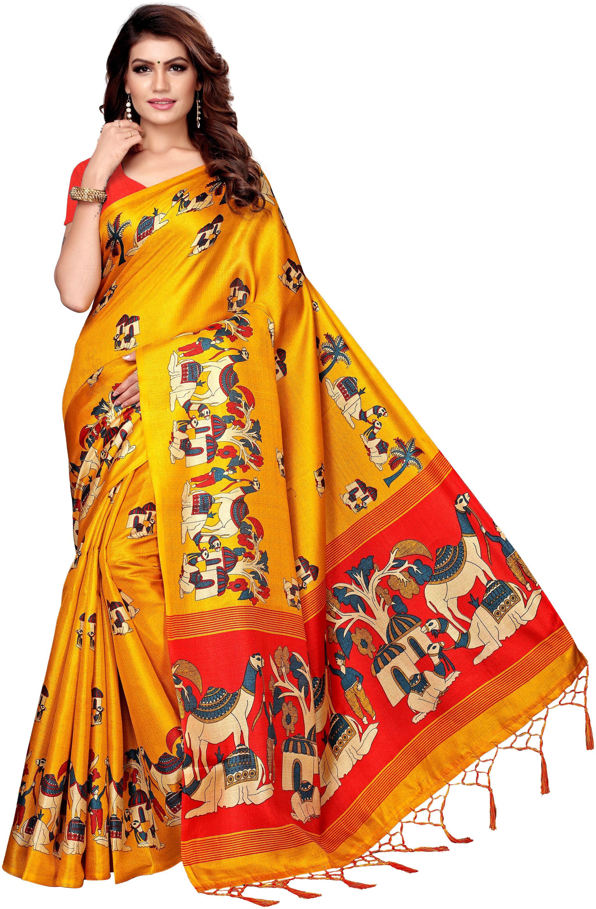 

Indian Beauty Womens Yellow Color Kalamkari Silk Printed Saree Border Tassels With Blouse pcs(CAMEL YELLOW Free Size)