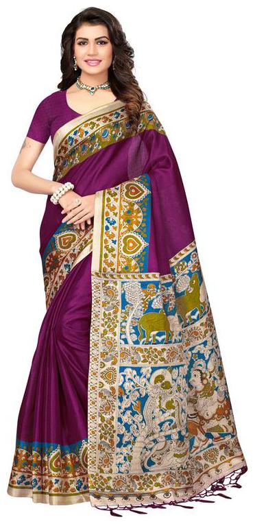 

Indian Beauty Women Purple Color Khadi Silk Printed Saree Border Tassels With Blouse Piece