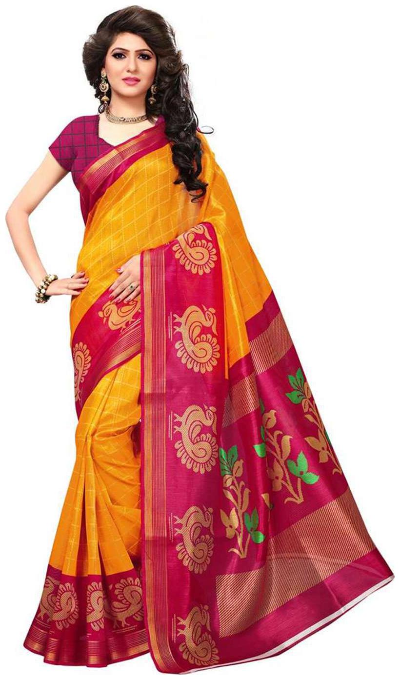 

Indian Beauty Women s Gold Color Bhagalpuri Silk Printed Saree With Blouse
