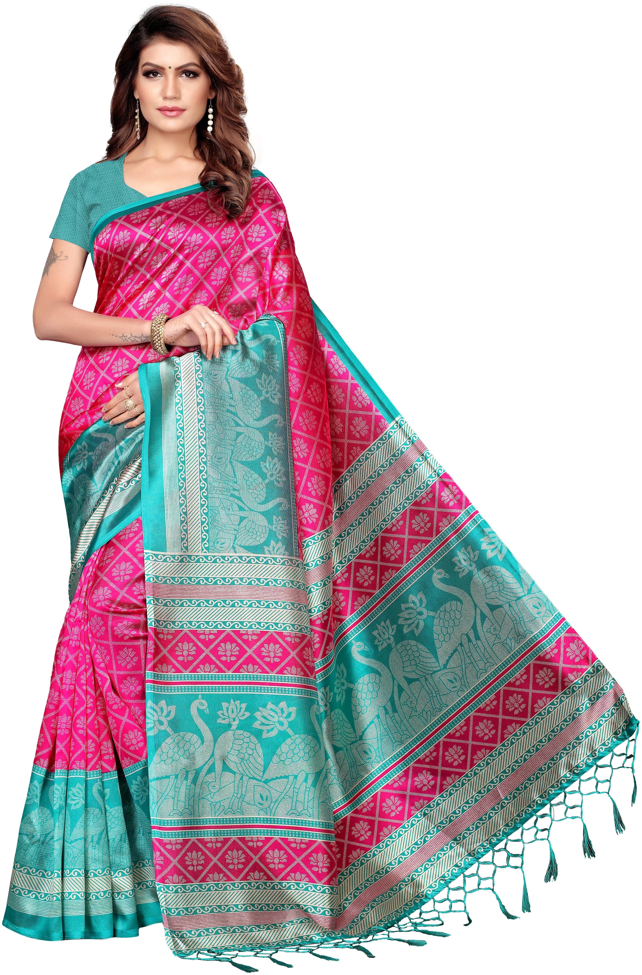 

Indian Beauty Silk Universal Pink Sarees With Blouse