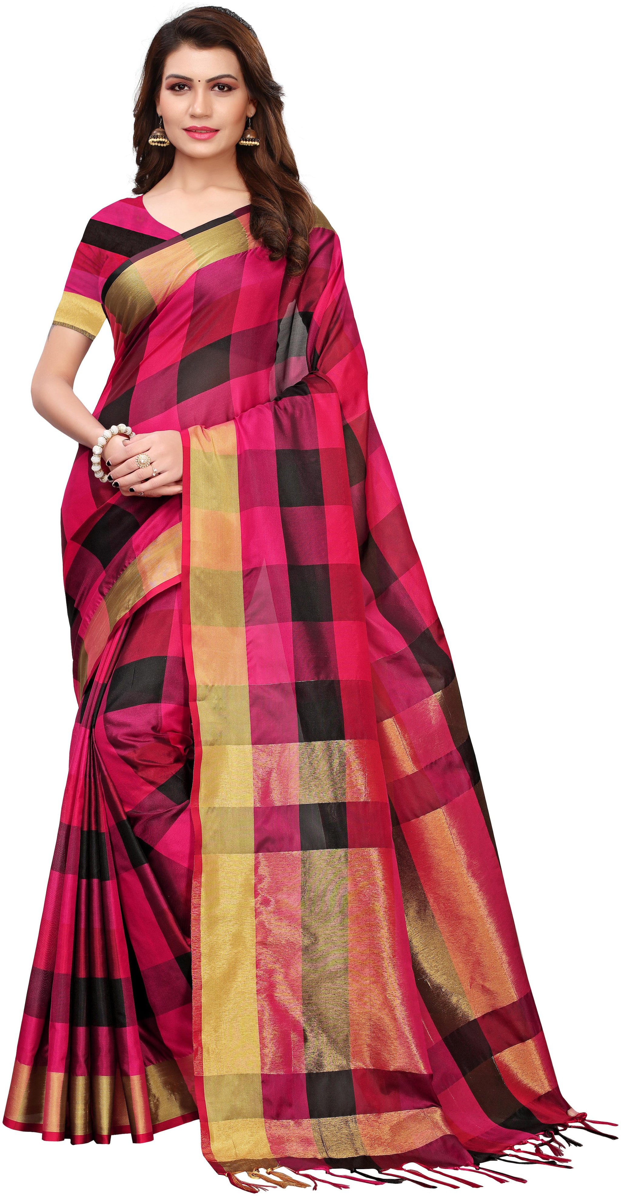 

Indian Beauty Women Pink Color Art Silk Chex Saree With Blouse pcs(AVENGERS-PINK-BLACK Free Size)