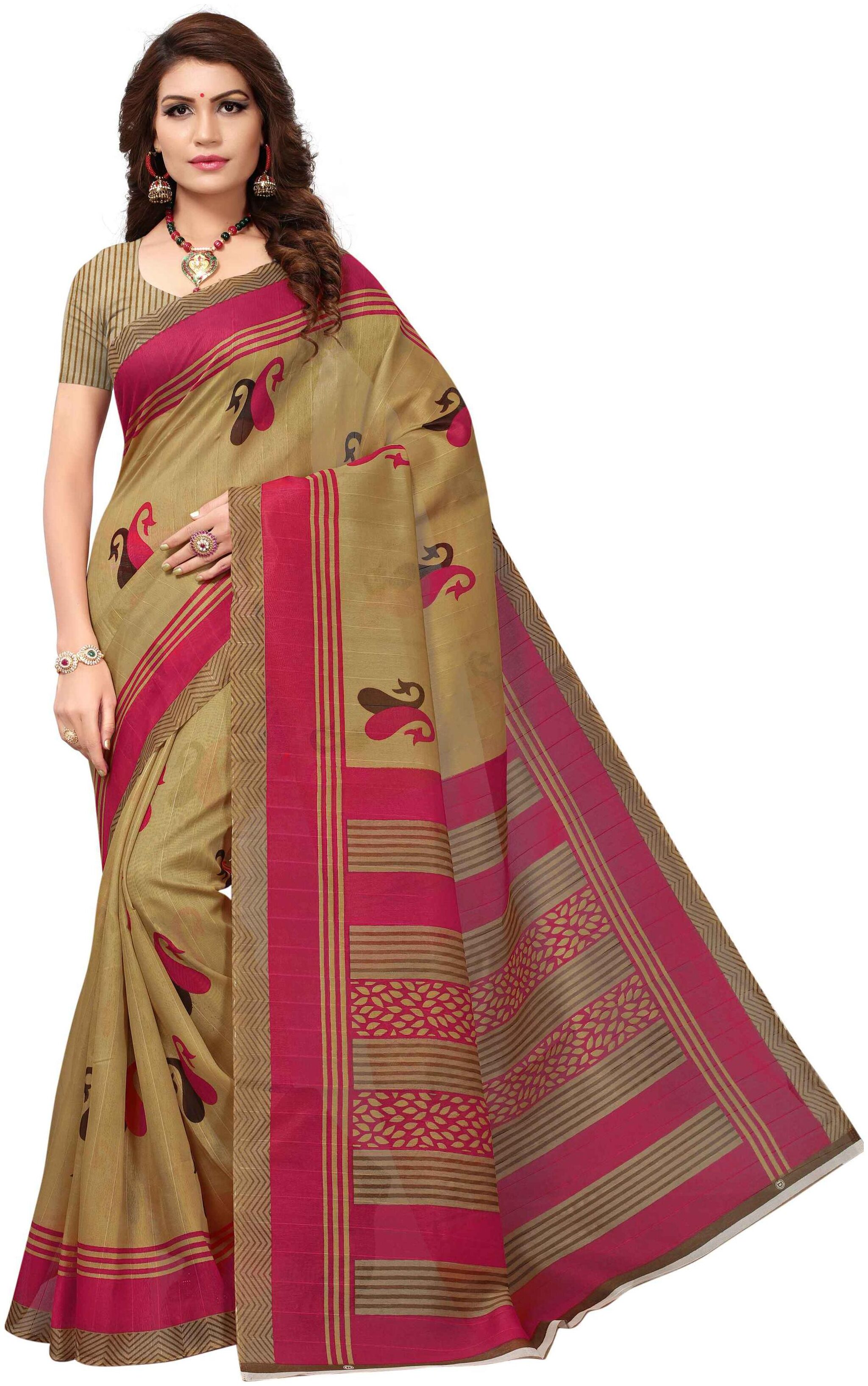 

Indian Beauty Women s Pink Cotton Blend With Blouse Printed Sarees