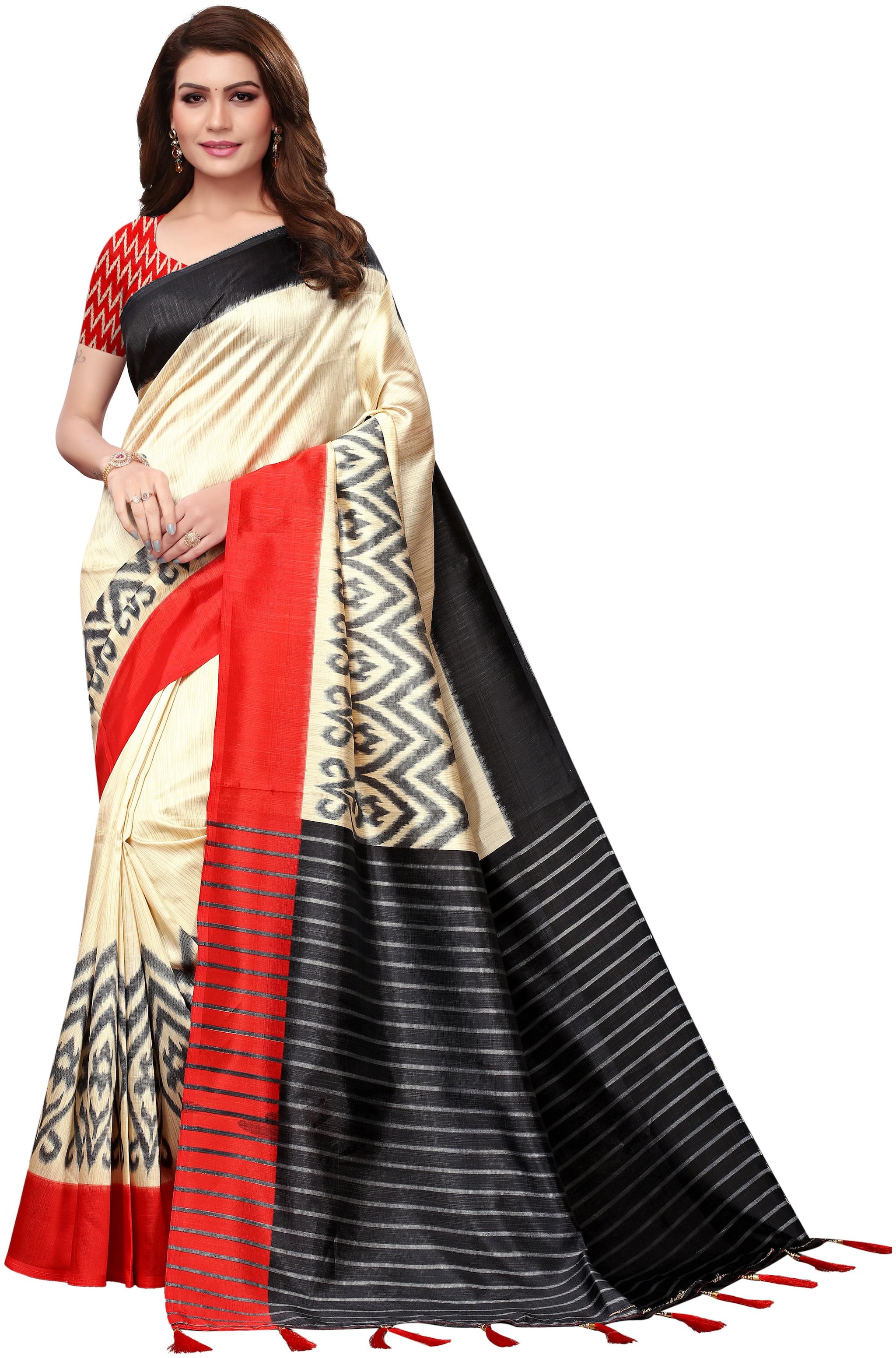 

Indian Beauty Women Black Color Mysore Silk Printed Saree Border Tassels With Blouse pcs(JASMINE-RED-BLACK Free Size)