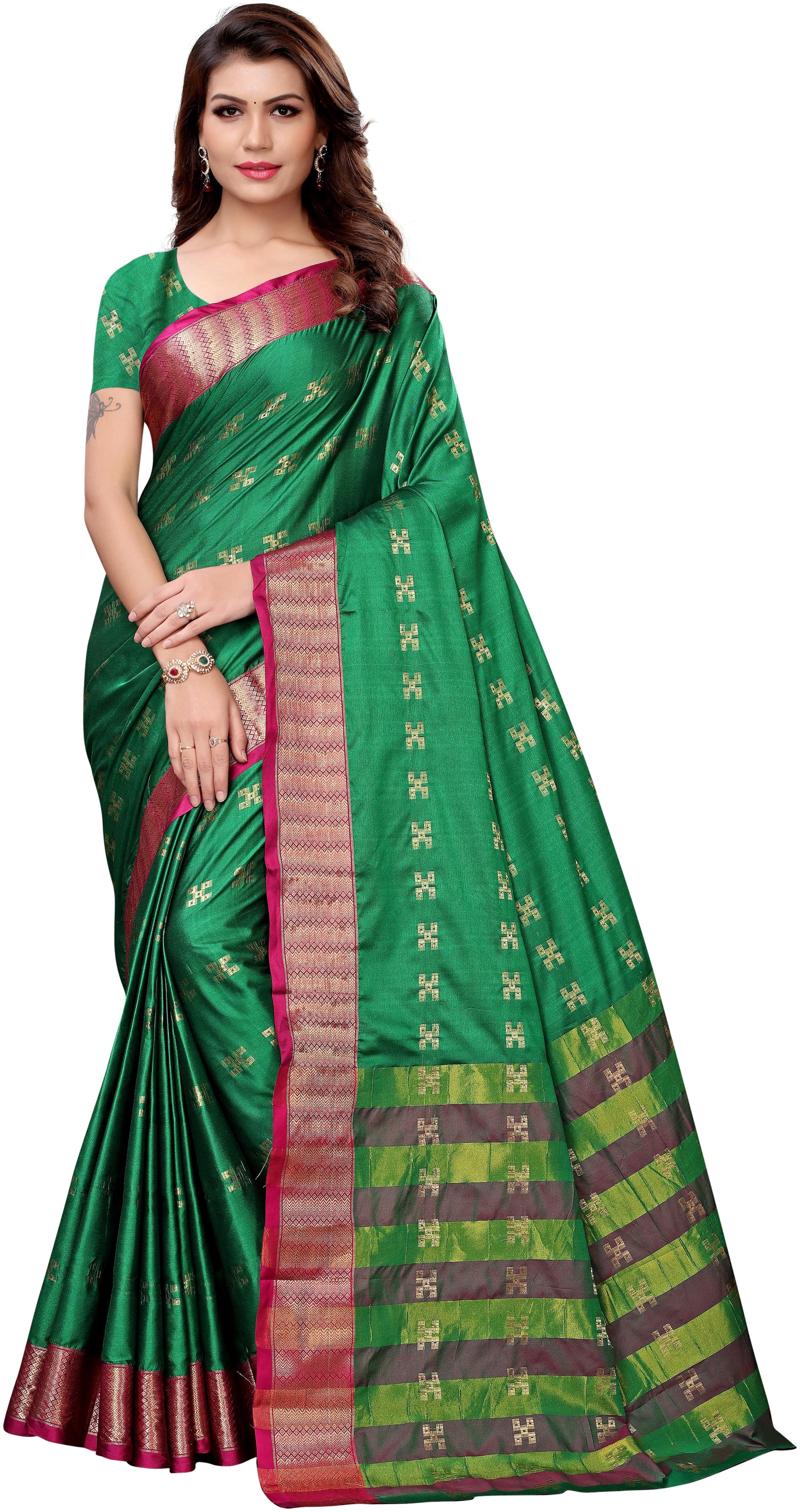 

Indian Beauty Women Green Color Cotton Silk Blend Jacquard Work Saree With Blouse Piece