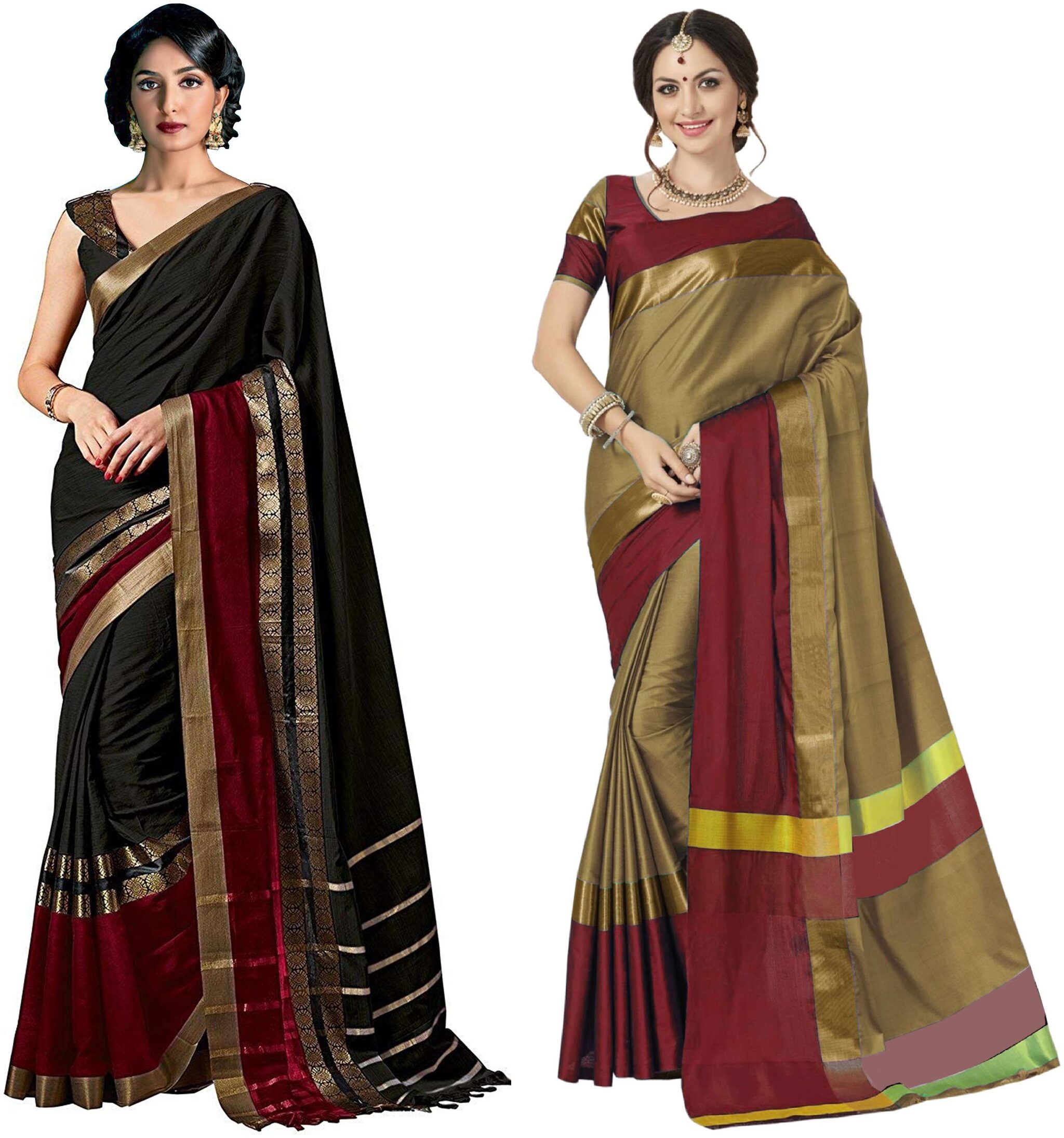 

Indian Beauty Women s Black Chiku Art Cotton Blended Saree With Blouse Pack of 2