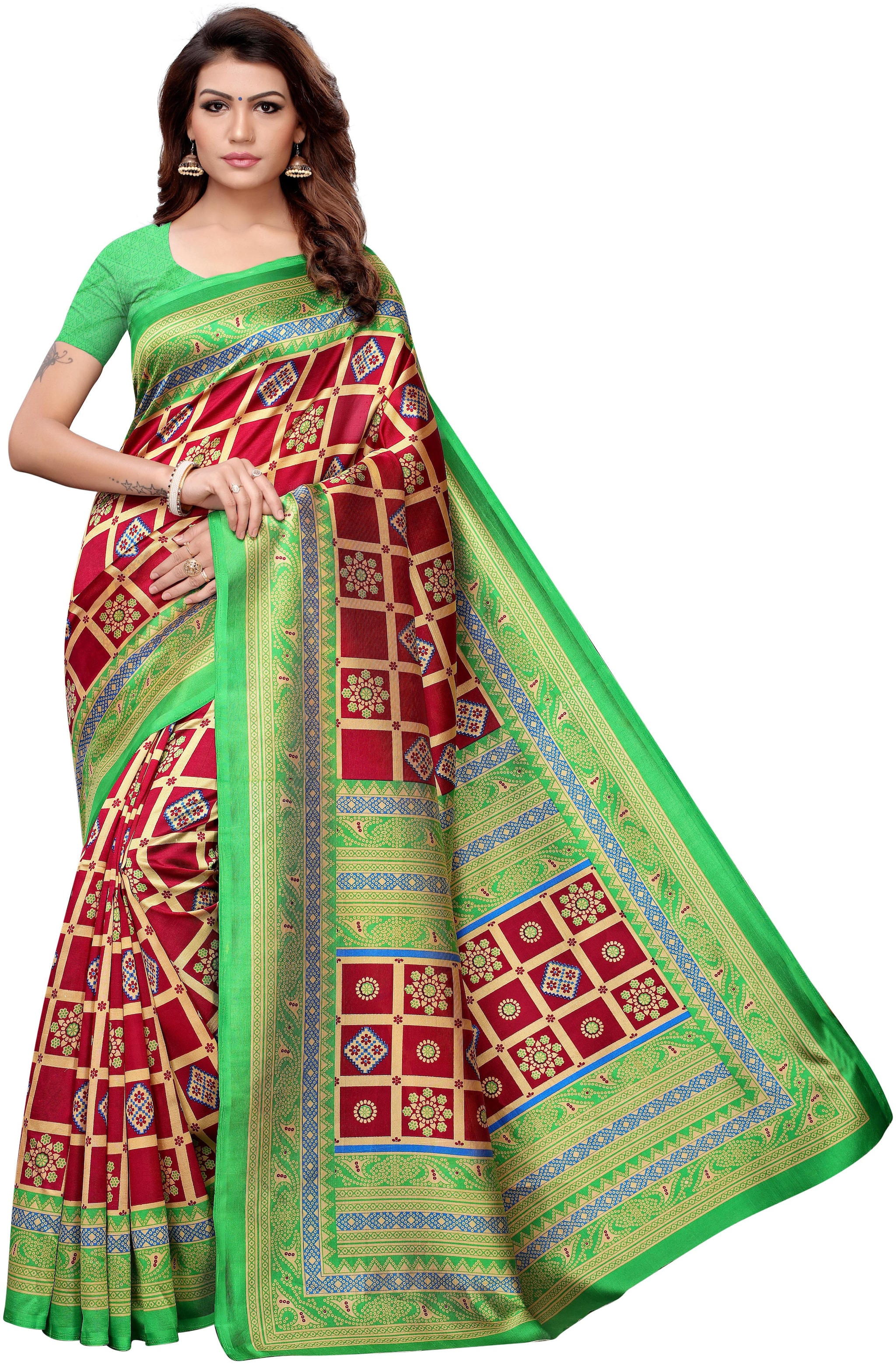 

Indian Beauty Womens Maroon Color Kalamkari Silk Printed Saree With Blouse pcs(SUNHARI-MAROON Free Size)