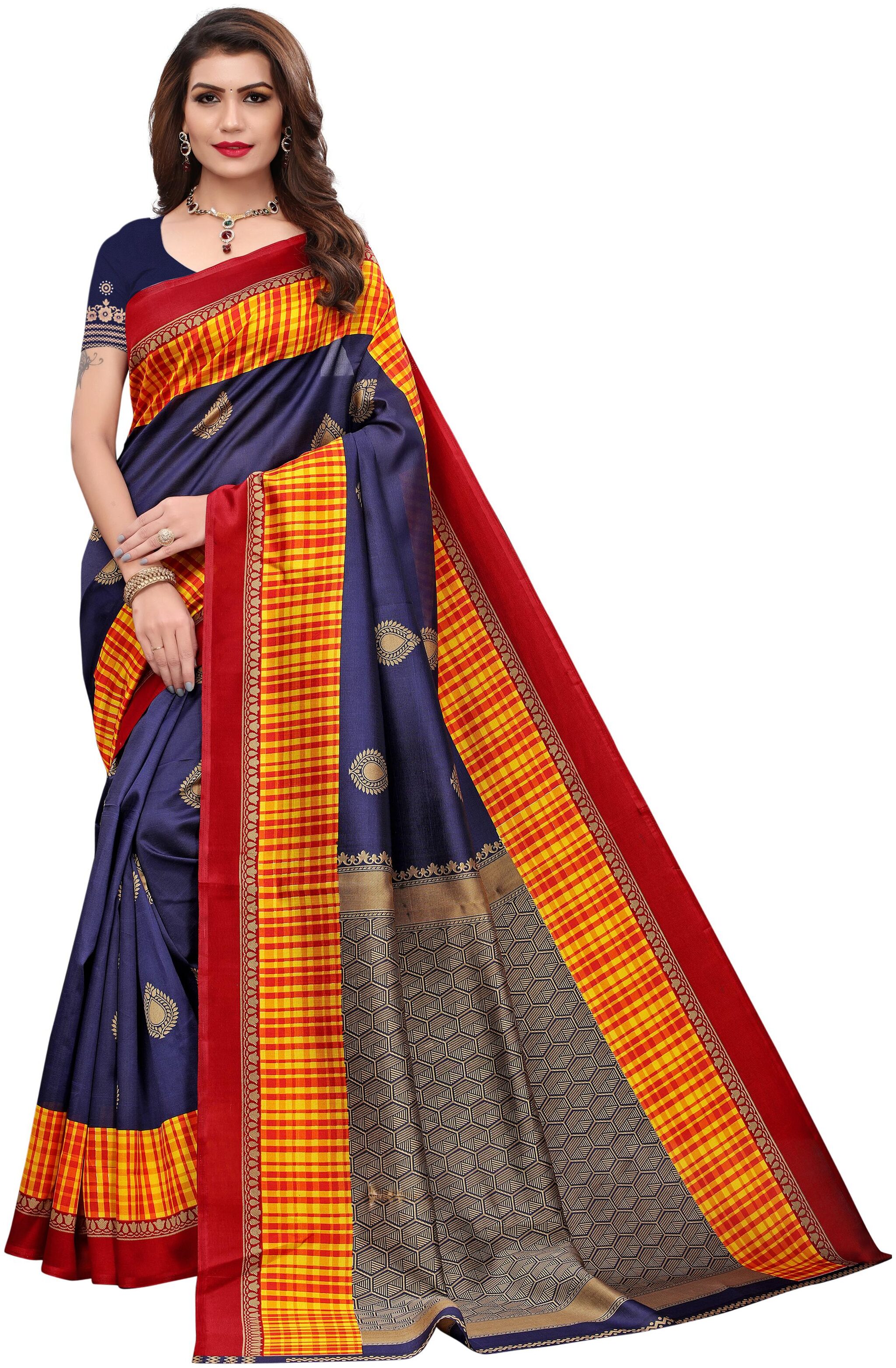 

Indian Beauty Women Navy Blue Color Mysore Art Silk Printed Saree With Blouse Piece