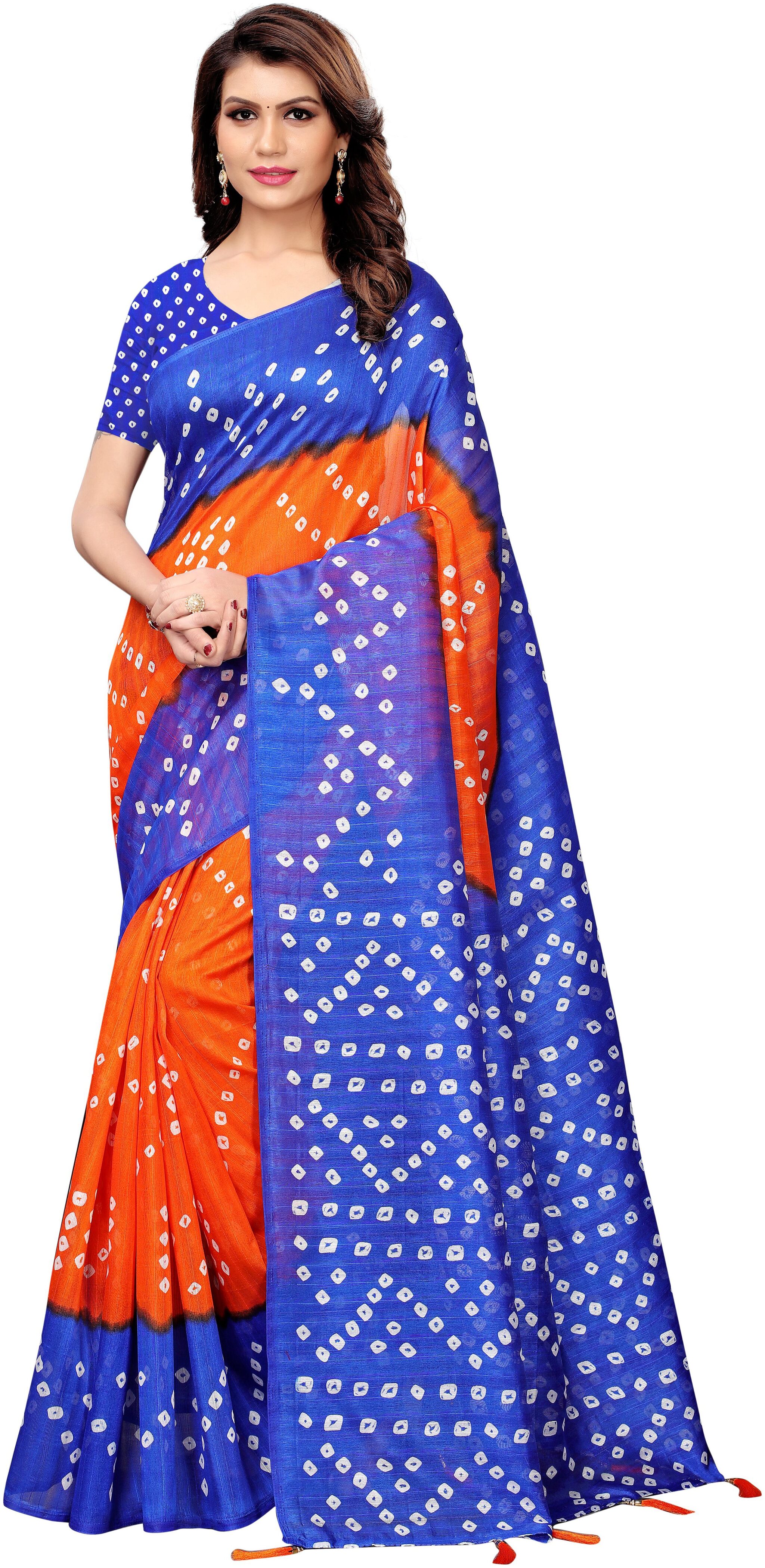 

Indian Beauty Women Orange Color Bhagalpuri Silk Printed Saree Border Tassels With Blouse pcs (RAJWADI ORANGE BLUE Free Size)