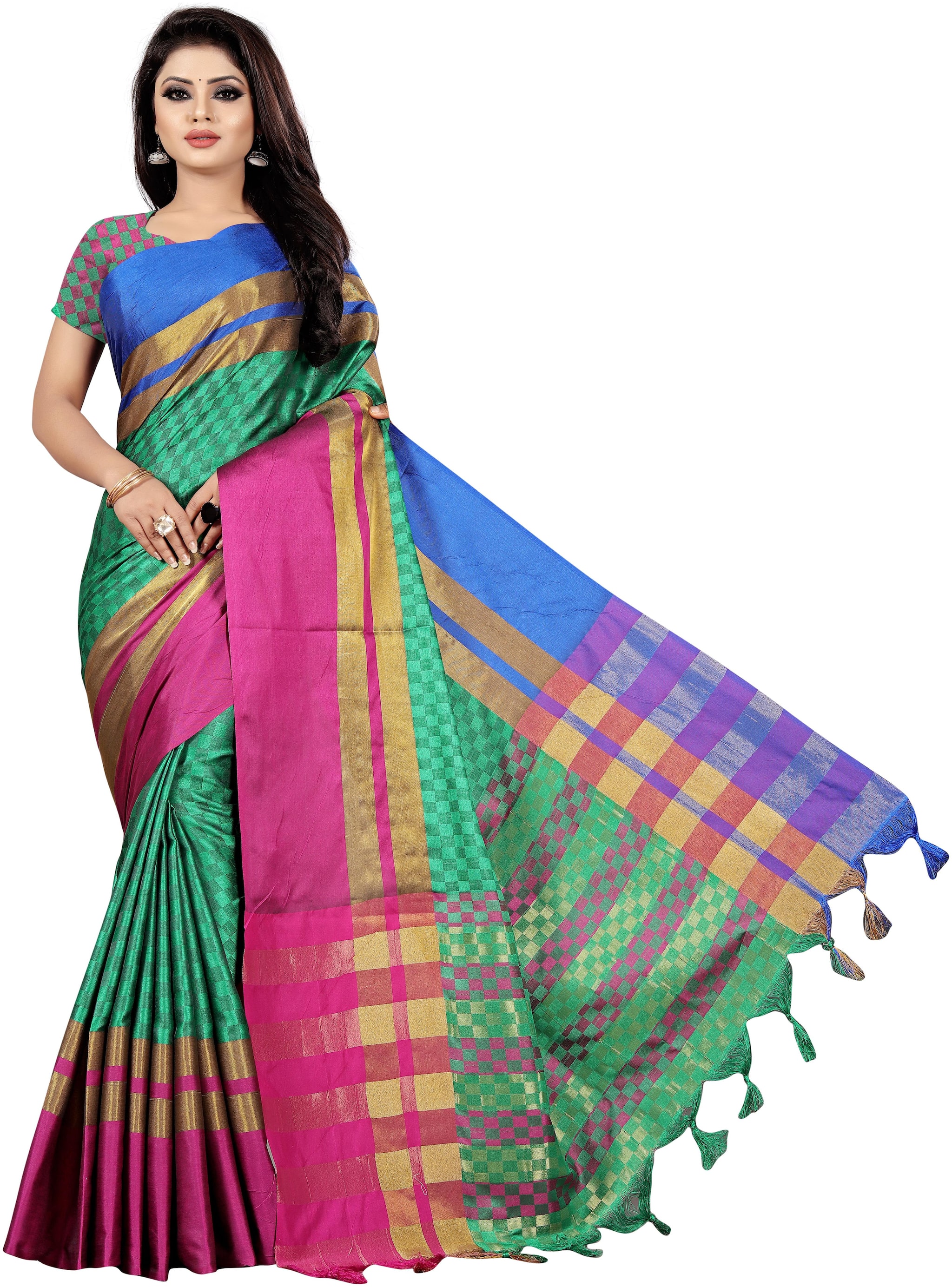 

Indian Beauty Womens Green Color Cotton Silk Blend Emblishied Saree Border Tassels With Blouse pcs(IPL-2019-GREEN-PINK Free Size)