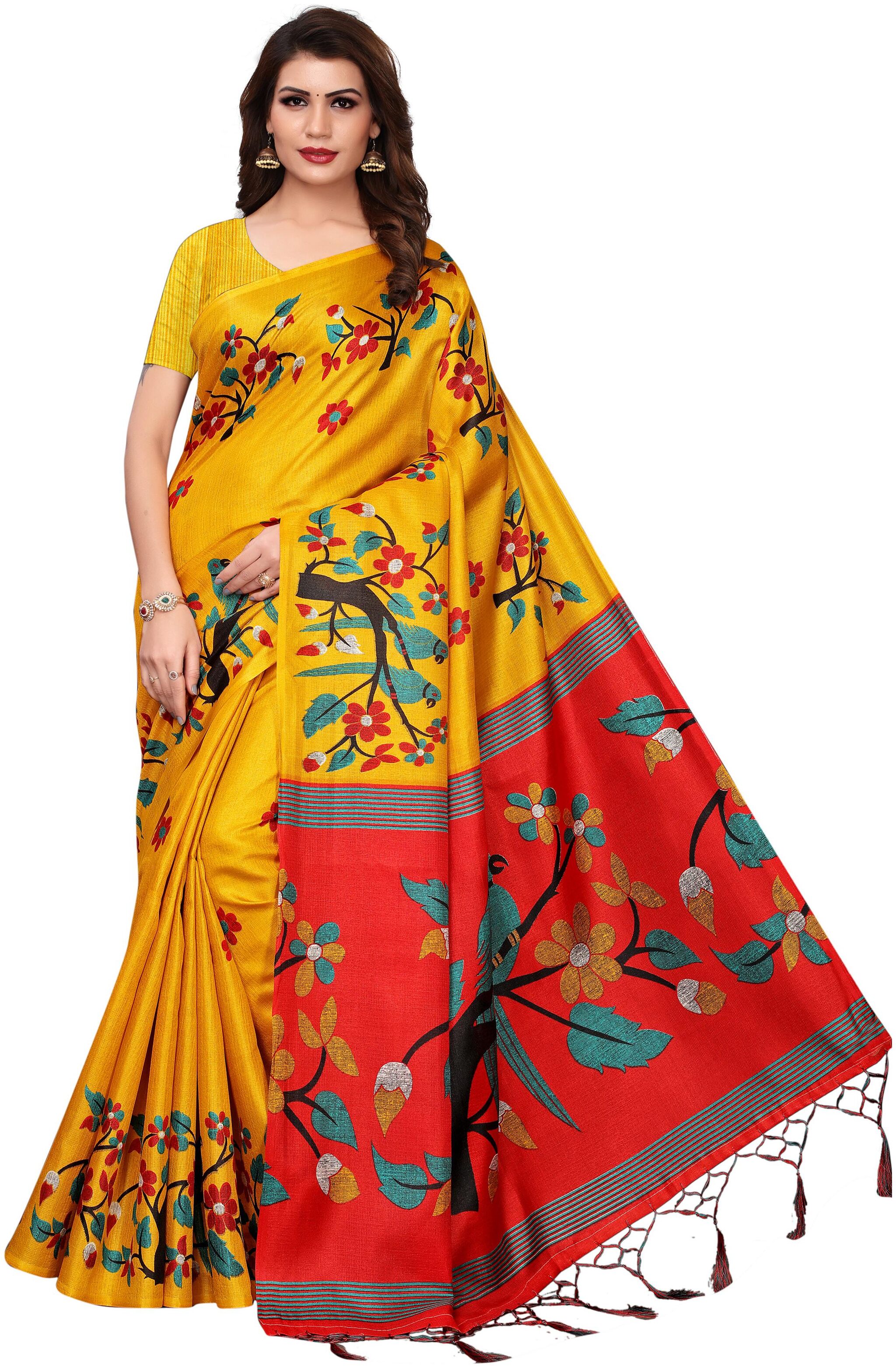 

Indian Beauty Women Yellow Color Mysore Art Silk Printed Saree Border Tassels With Blouse pcs(BIRD YELLOW Free Size)