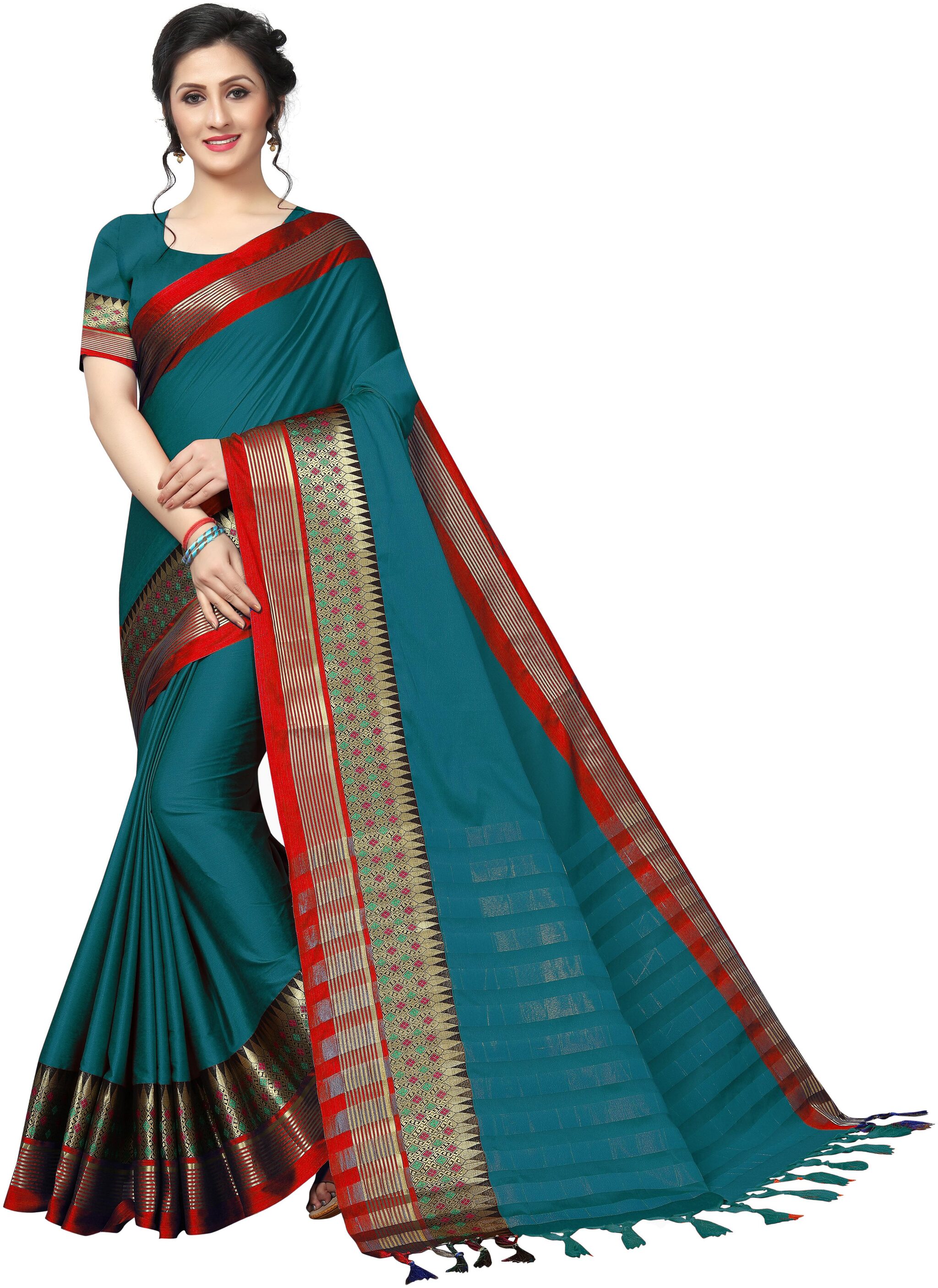

Indian Beauty Women Rama Color Cotton Silk Blend Zari Work Saree Border Tassels With Blouse pcs (MEENAKARI RAMA Free Size)