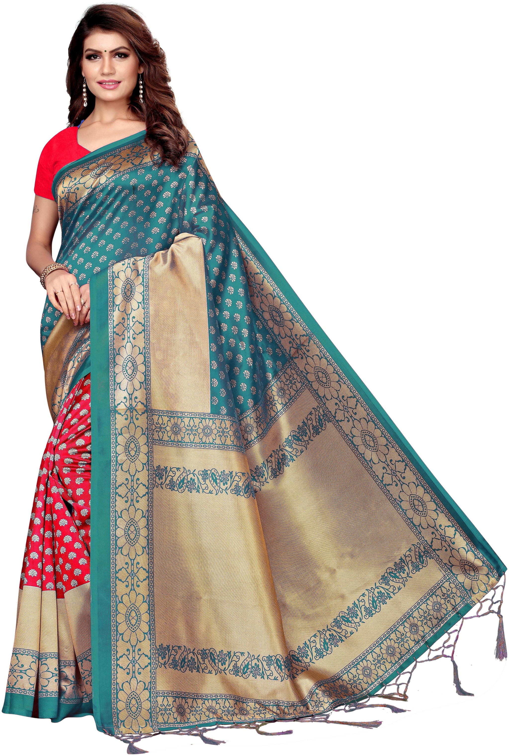 

Indian Beauty Womens Rama Color Kalamkari Silk Printed Saree Border Tassels With Blouse pcs(BEAT RAMA Free Size)