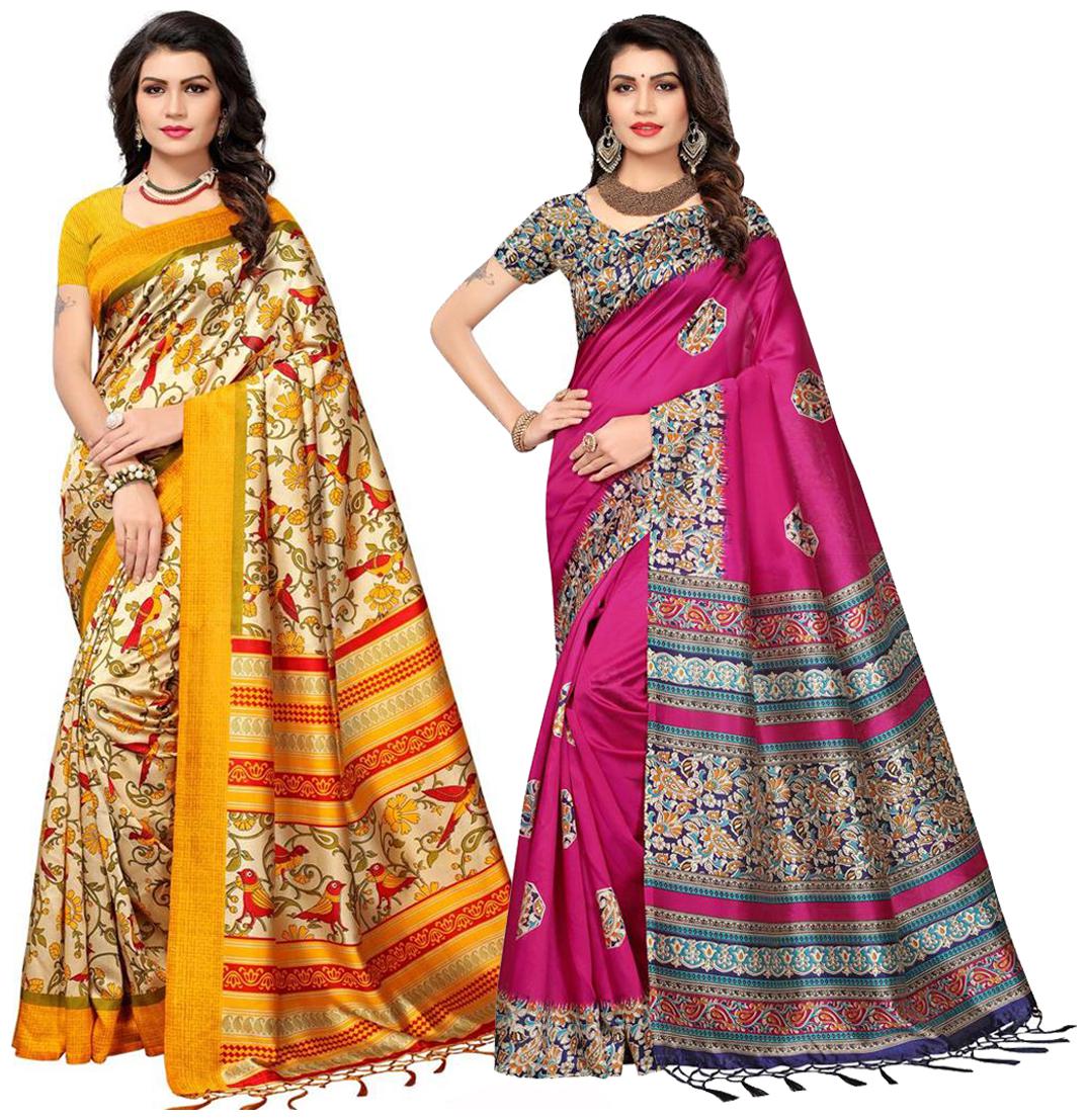 

Indian Beauty Women s Multi Color Mysore Silk With Jhalar Saree With Blouse Piece (Pack Of 2) Sarees