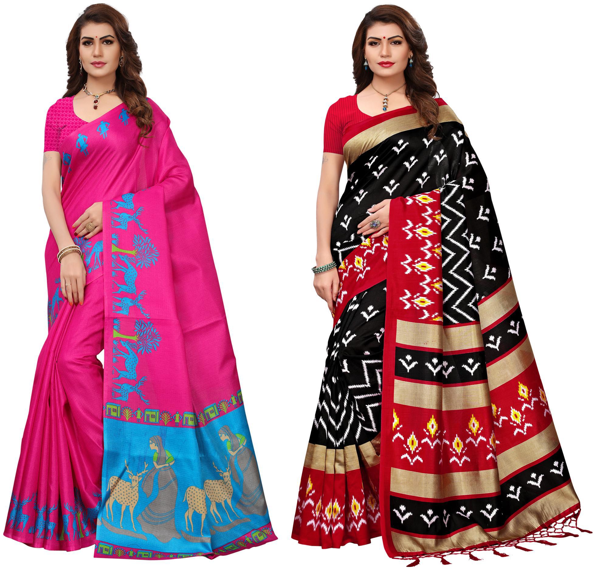 

Indian Beauty Women s Multi Color Art Cotton Blend Silk Printed Saree With Blouse Piece (Pack of 2 Multi Color Free Size)
