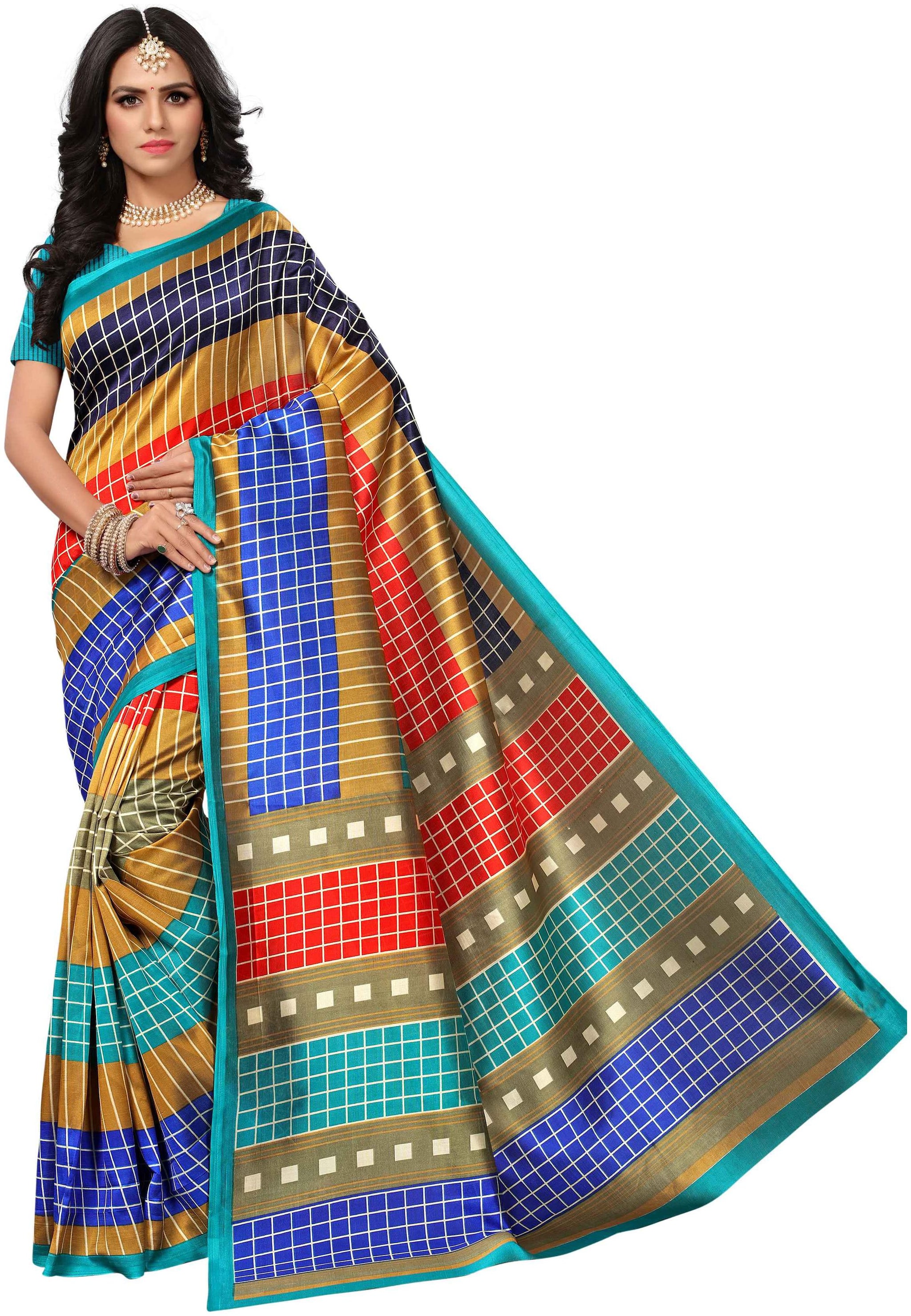 

Indian Beauty Women s Sky-Blue Color Mysore Silk Printed Saree With Blouse