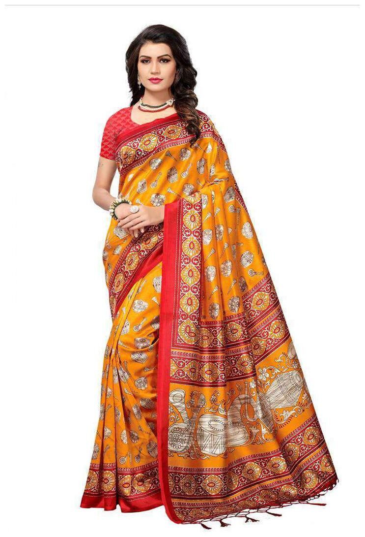 

Indian Beauty Women s Yellow Color Mysore Silk With Tessals Saree With Blouse Piece