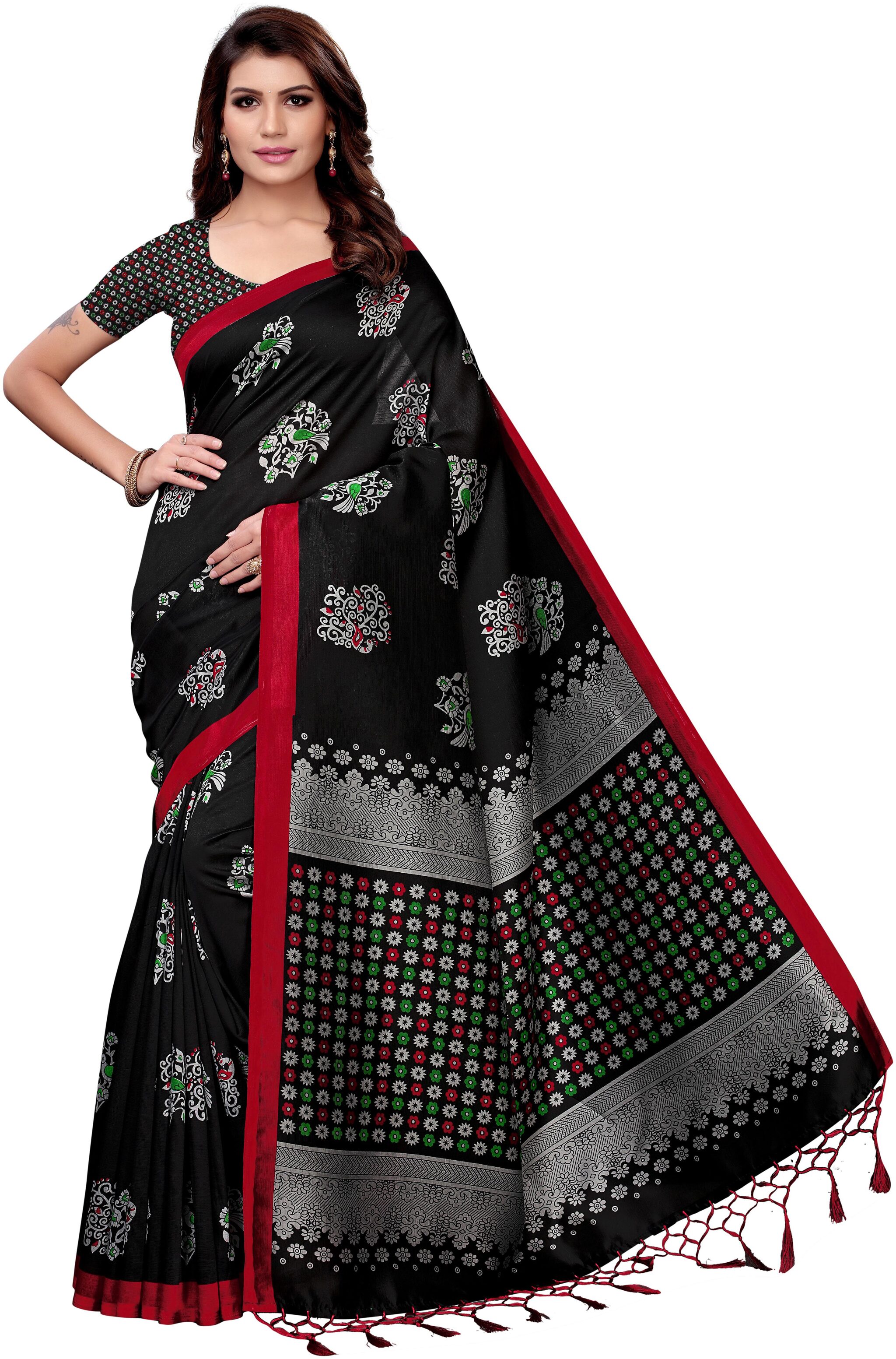 

Indian Beauty Black Woven Kalamkari Regular Saree With Blouse With blouse