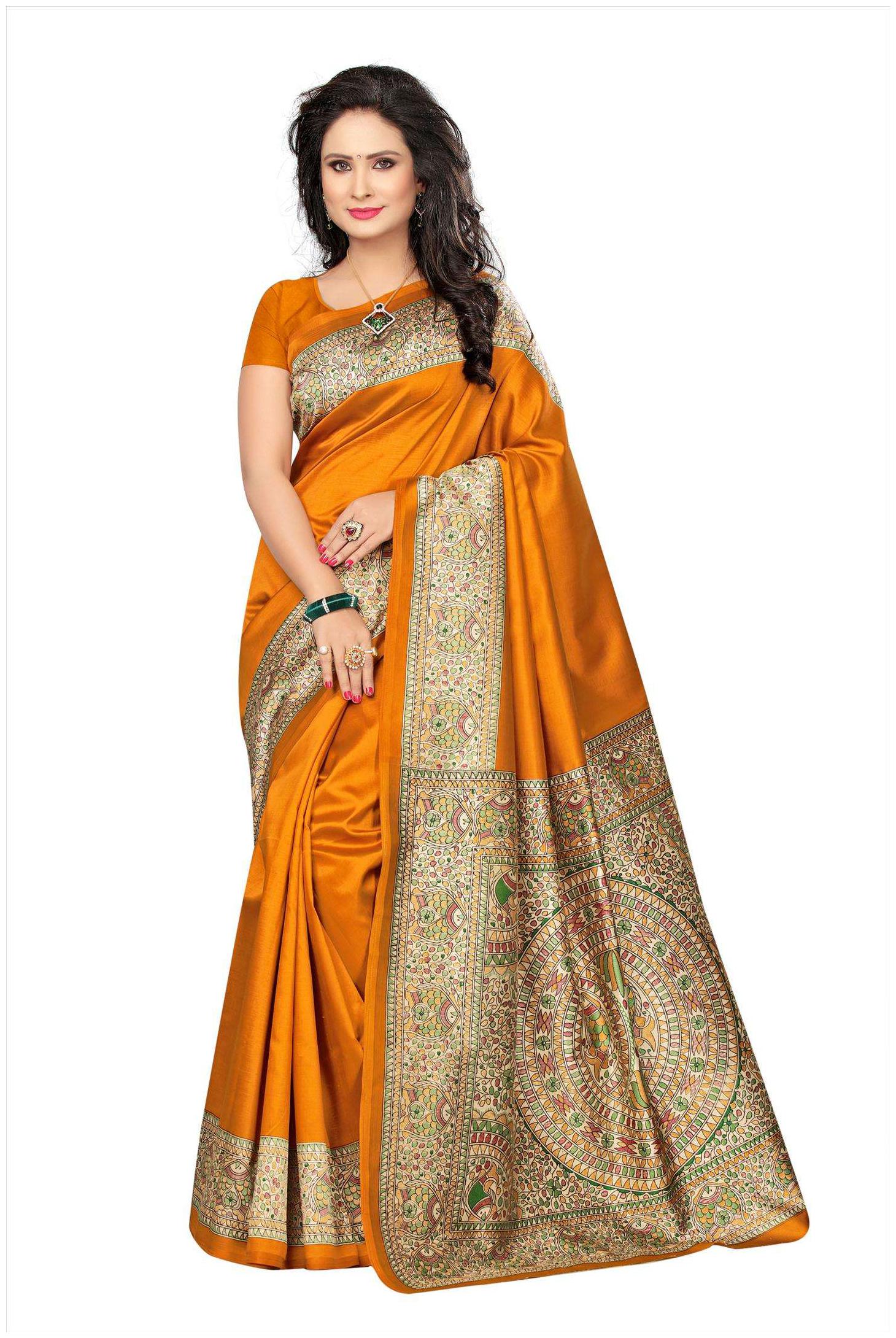 

Indian Beauty Women s Yellow Color Kalamkari Mysore Silk Printed Saree With Blouse