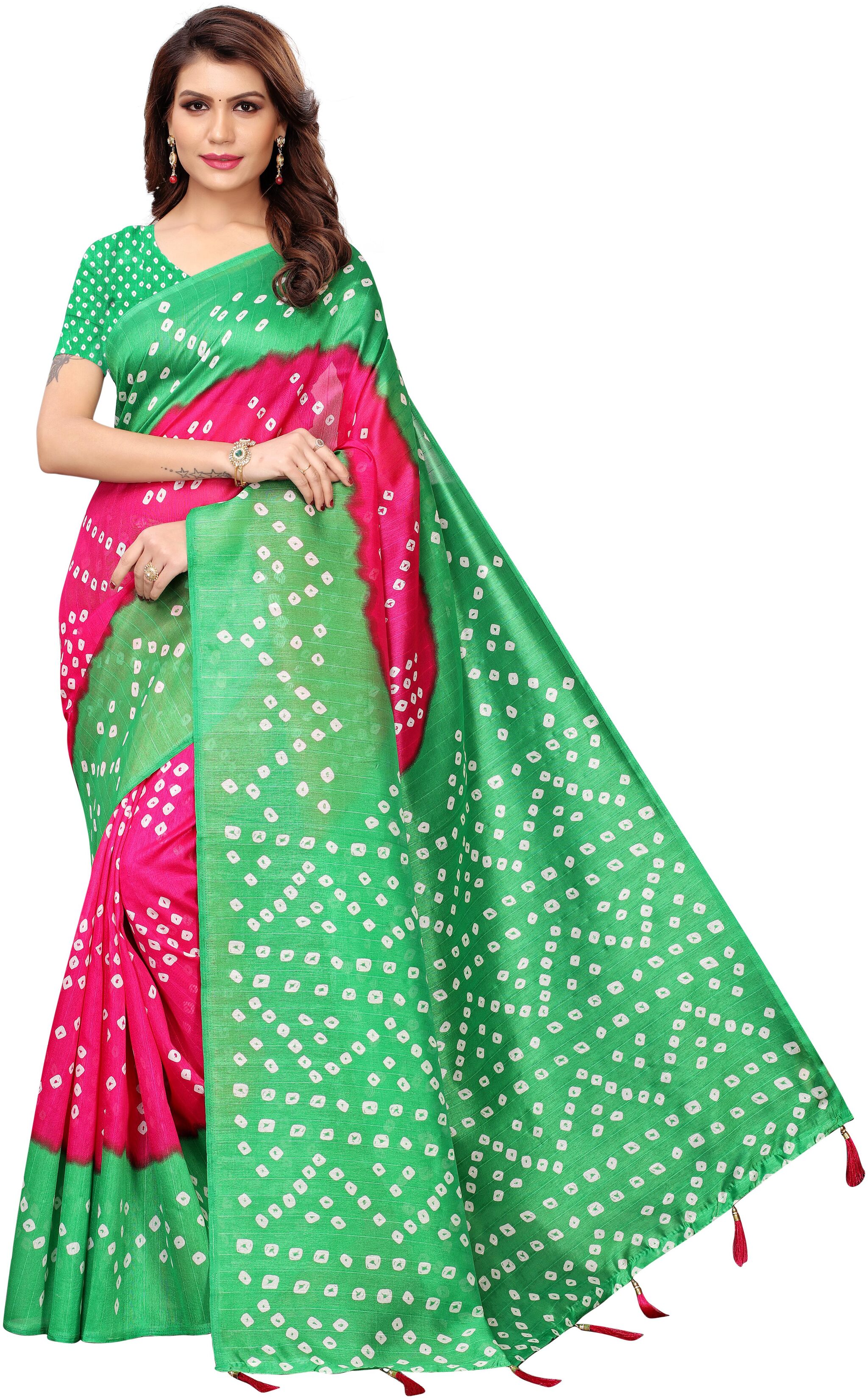 

Indian Beauty Women Green Color Bhagalpuri Silk Printed Saree Border Tassels With Blouse pcs (RAJWADI PINK GREEN Free Size)