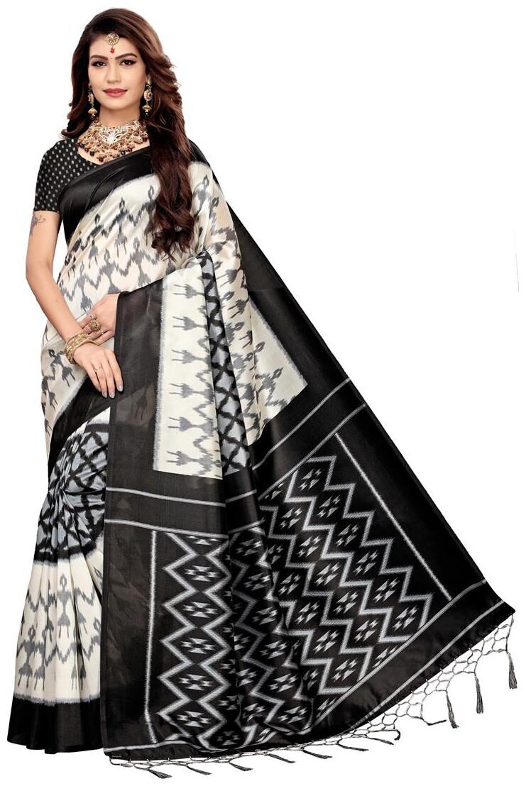 

Indian Beauty Women Black White Color Mysore Silk Saree Border Tassels With Blouse pcs