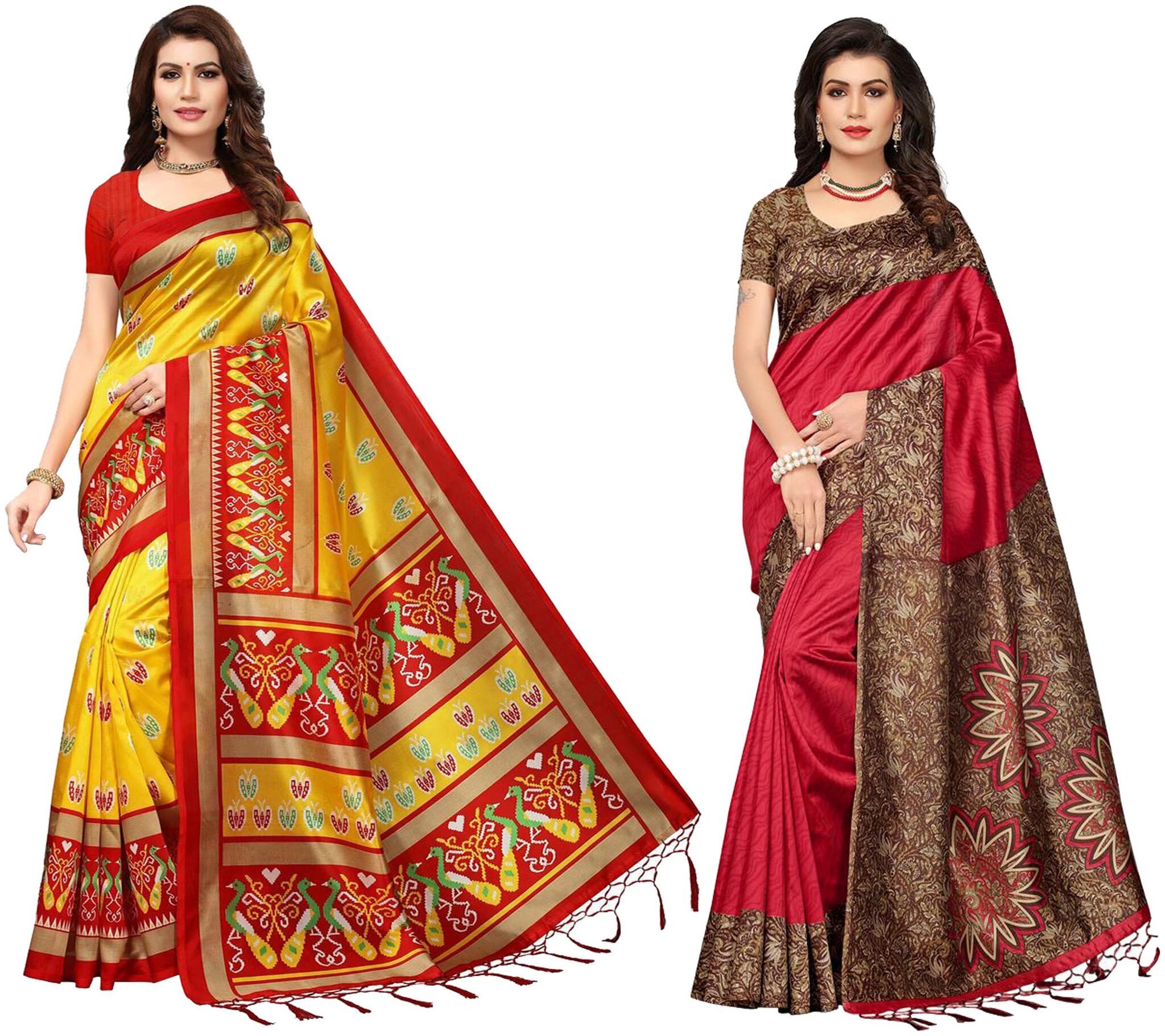 

Indian Beauty Women s Multi Color Art Mysore Silk With Tessals Printed Saree With Blouse Piece (Pack of 2 Multi Color Free Size)