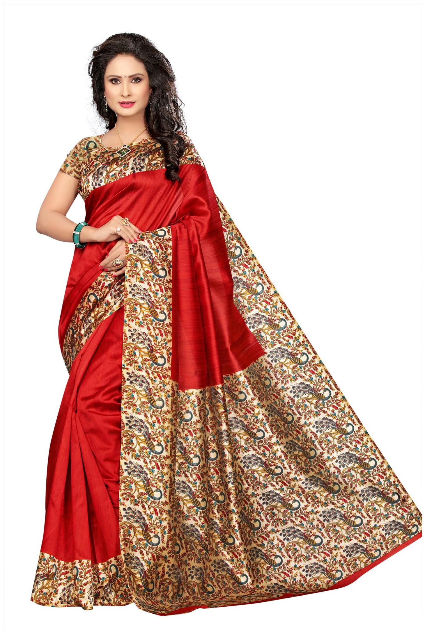 

Indian Beauty Women s Red Color Kalamkari Mysore Silk Printed Saree With Blouse
