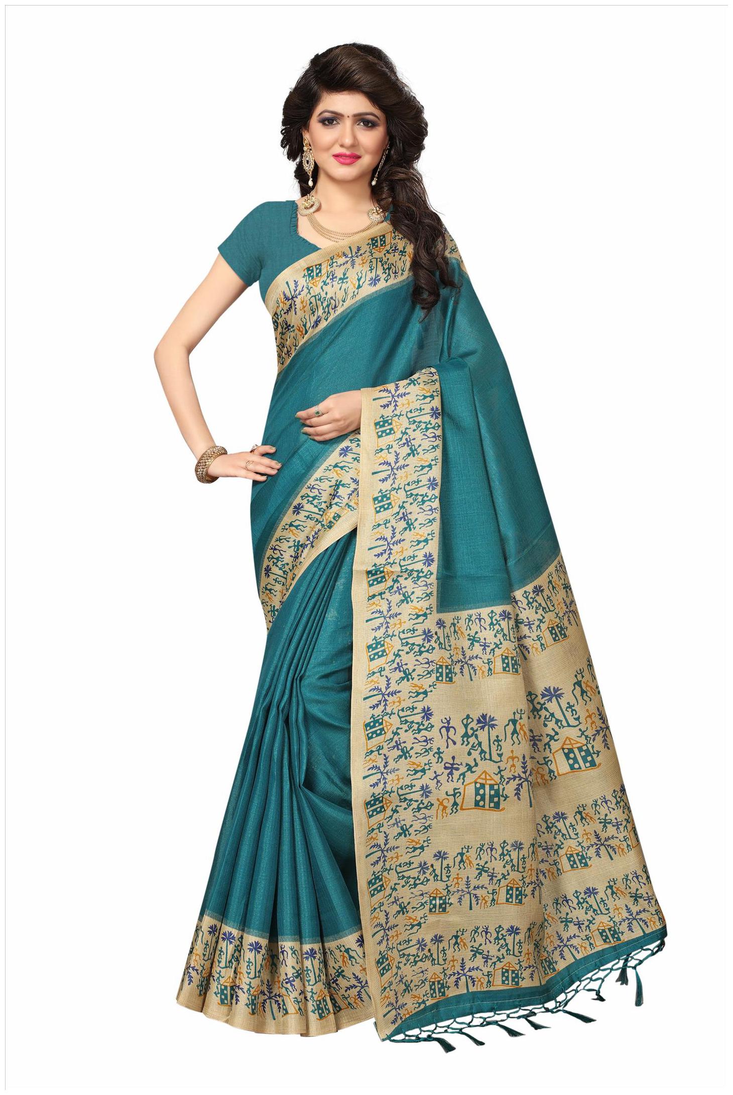

Indian Beauty Women s Green Color Khadi Silk With Tessals Printed Saree With Blouse