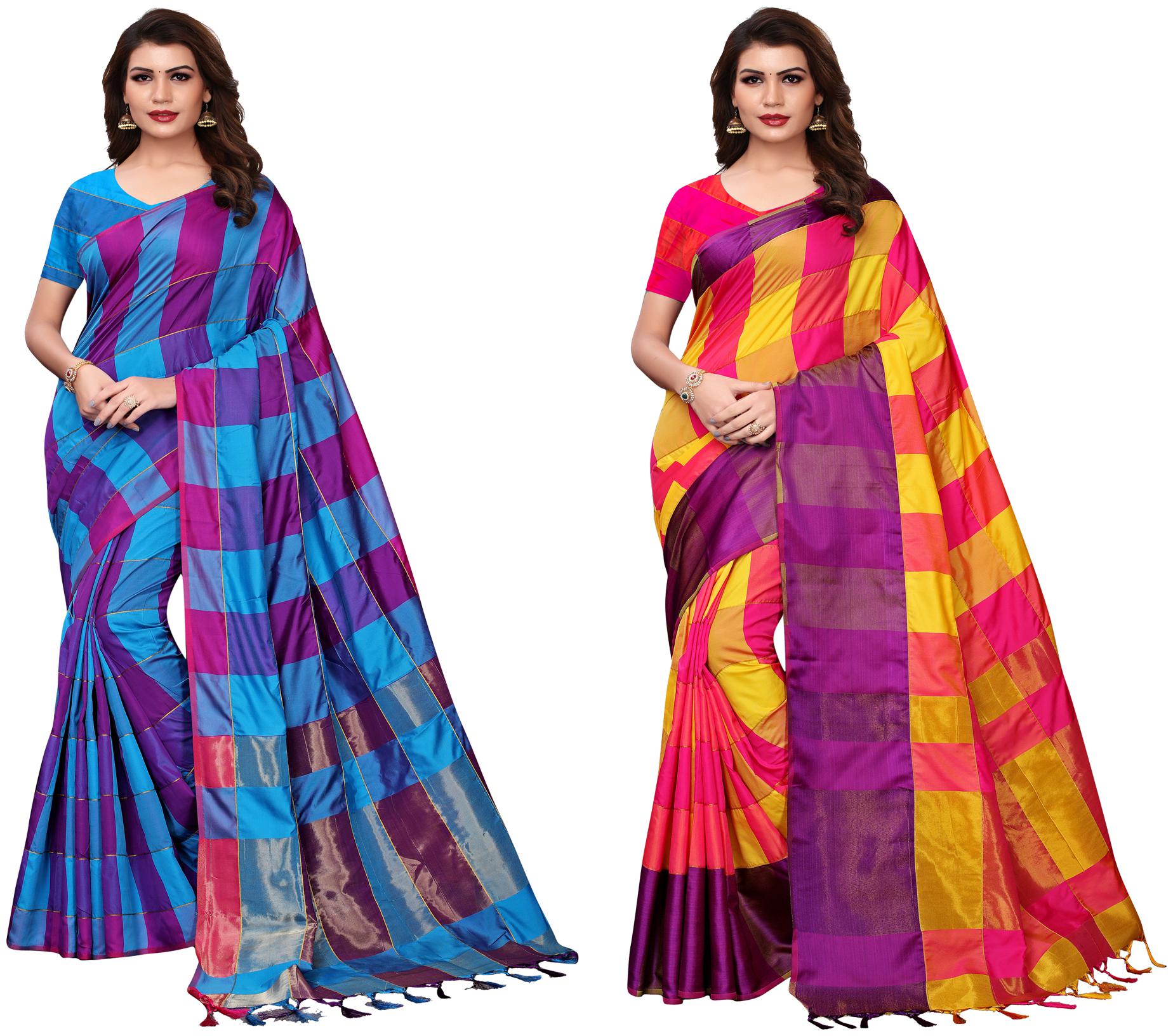 

Indian Beauty Womens Multi Color Cotton Silk Blend Plain Pack Of 2 Sarees With Blouse Piece