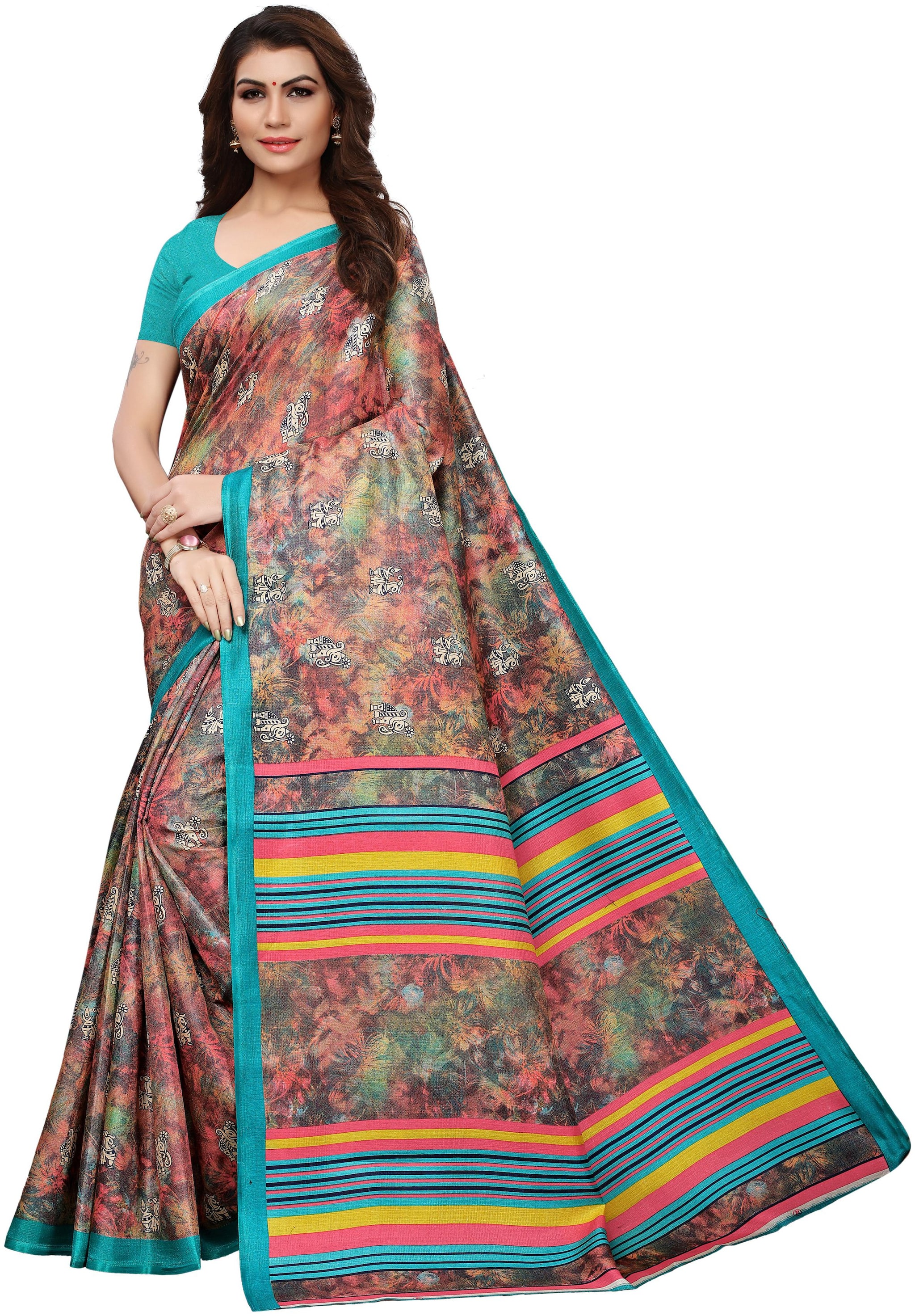 

Indian Beauty Women Sky Blue Color Mysore Art Silk Printed Saree With Blouse Piece