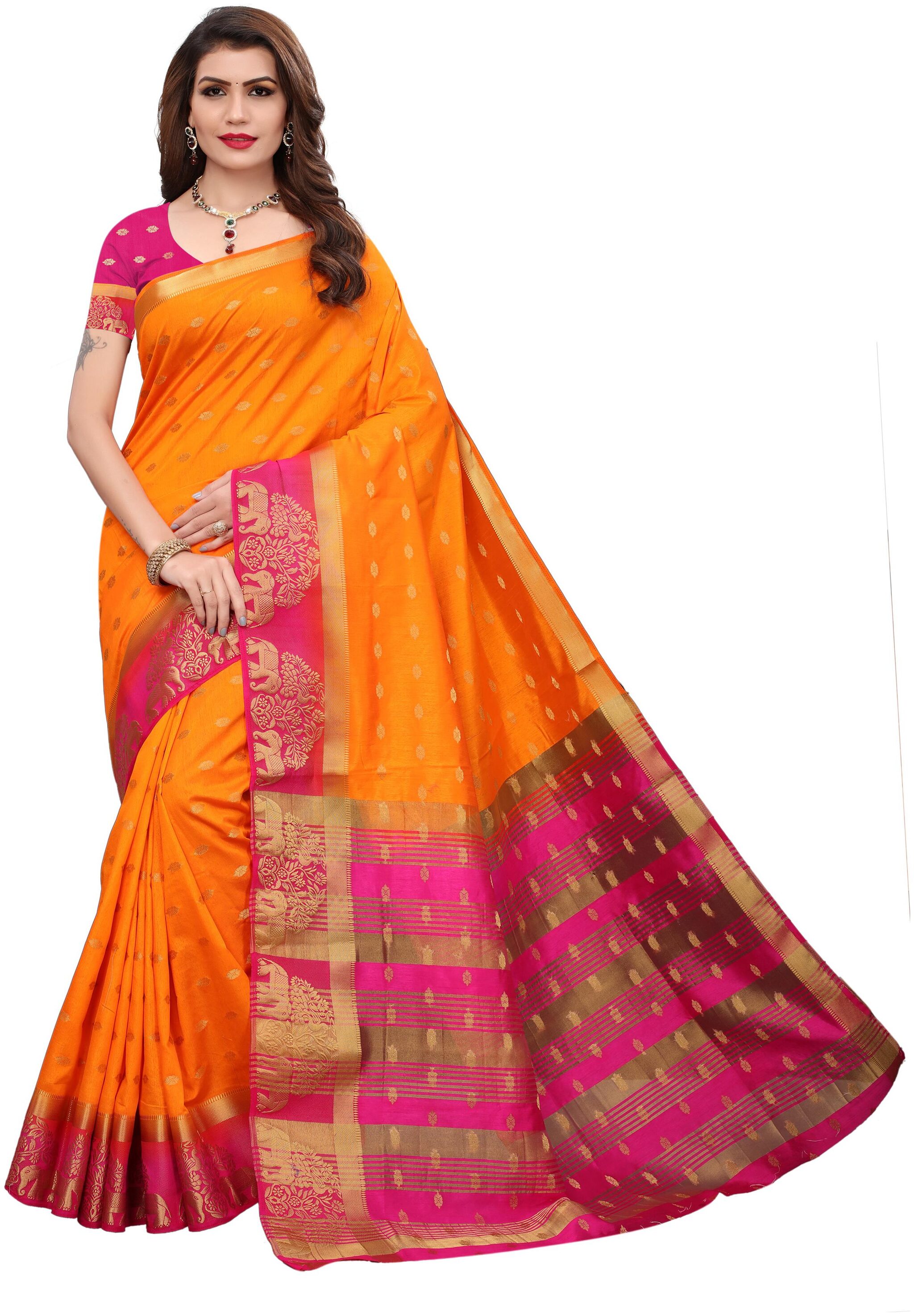 

Indian Beauty Women Orange Color Kanjivaram Silk Jecqured Border Saree With Blouse Piece