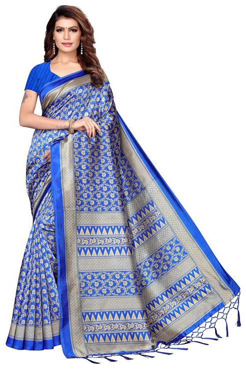 

Indian Beauty Women Blue Color Mysore Silk Printed Saree Border Tassels With Blouse Piece