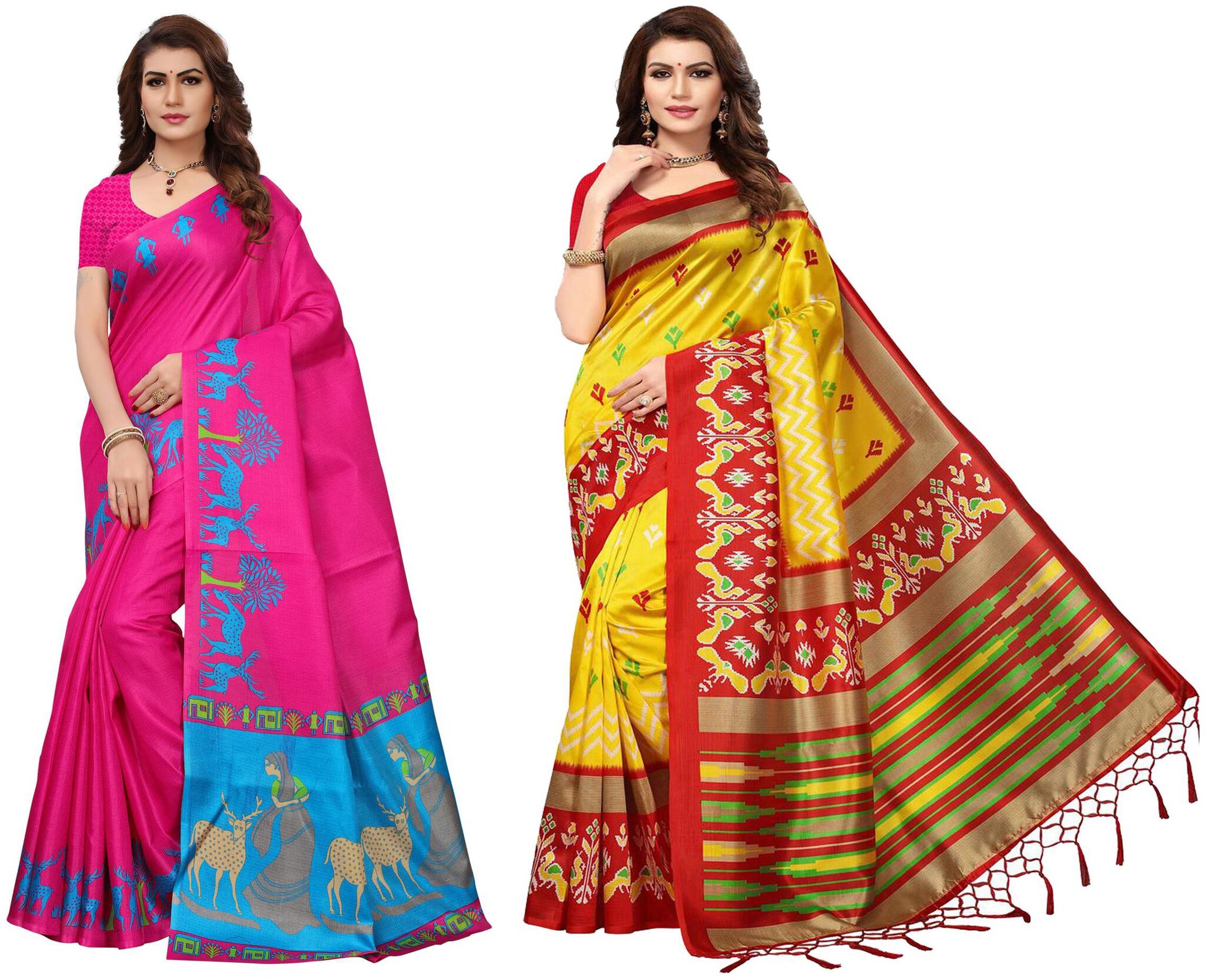 

Indian Beauty Women s Multi Color Art Cotton Blend Silk Printed Saree With Blouse Piece (Pack of 2 Multi Color Free Size)
