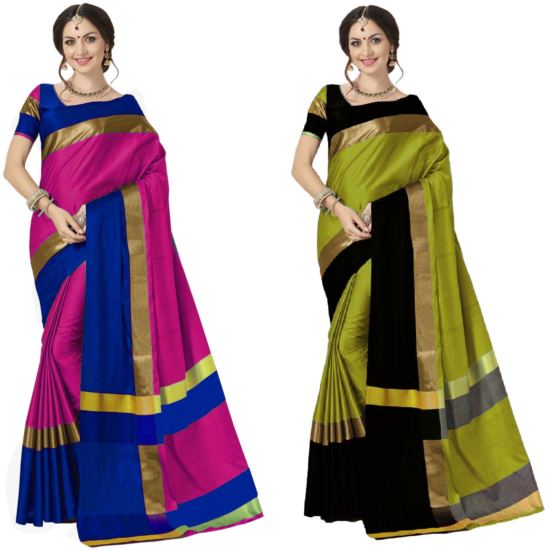 

Indian Beauty Women s Multicolor Cotton Silk Plain Saree With Blouse