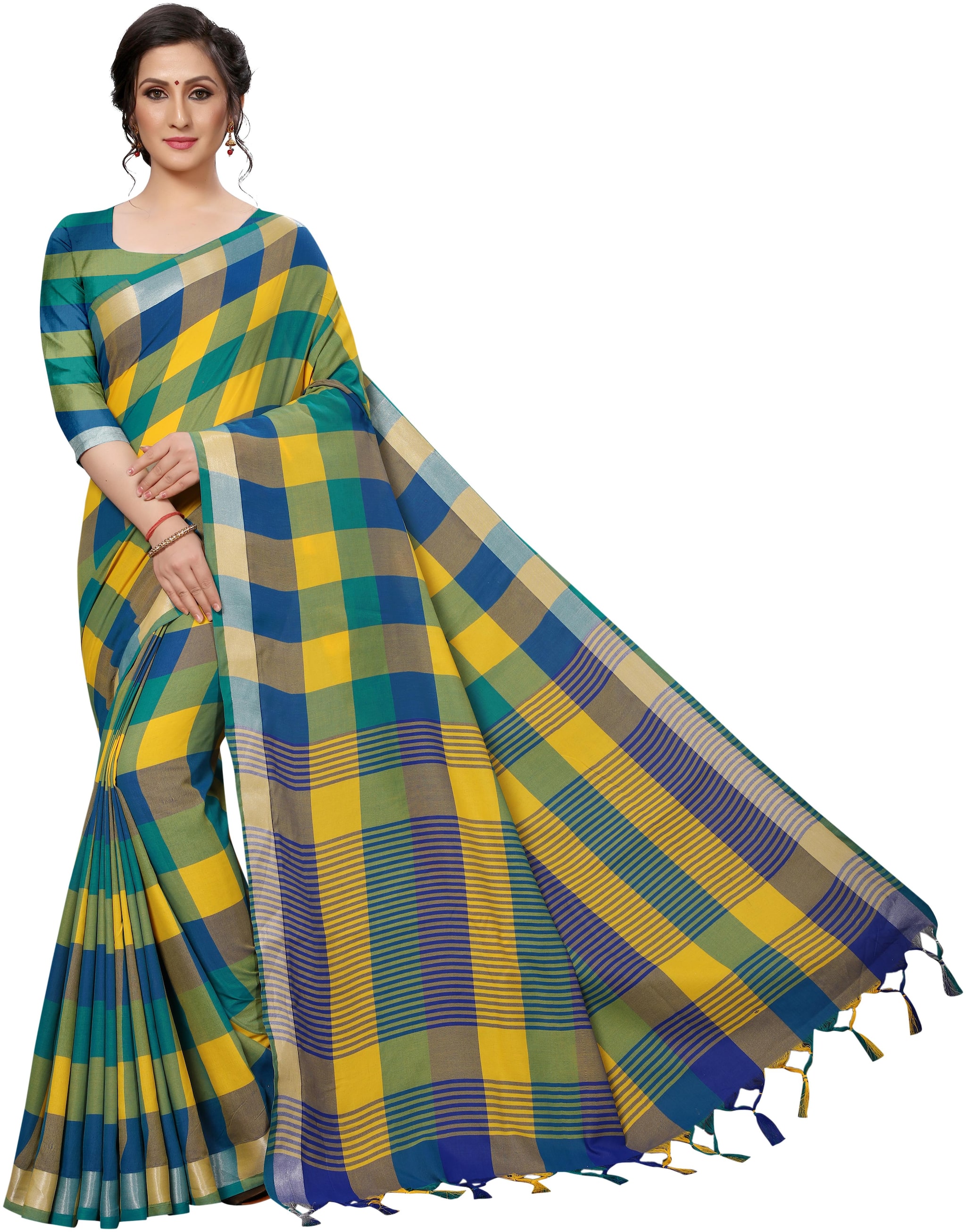 

Indian Beauty Womens Yellow Color Cotton Silk Blend Checks Saree Border Tassels With Blouse pcs(ALPHA CHECKS YELLOW Free Size)