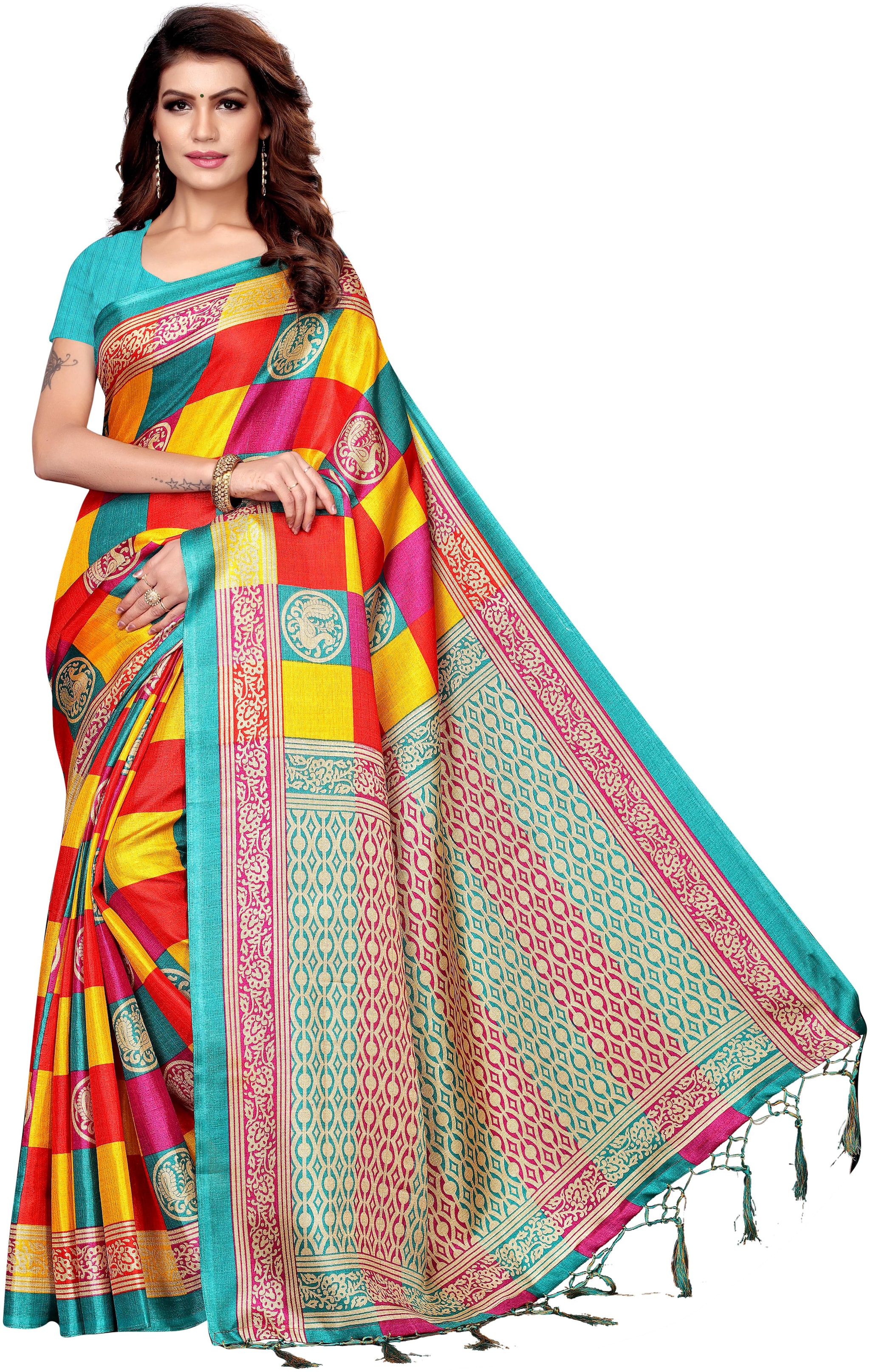 

Indian Beauty Womens Turquoise Color Kalamkari Silk Printed Saree Border Tassels With Blouse pcs(CHECKS MOR FIRozI Free Size)