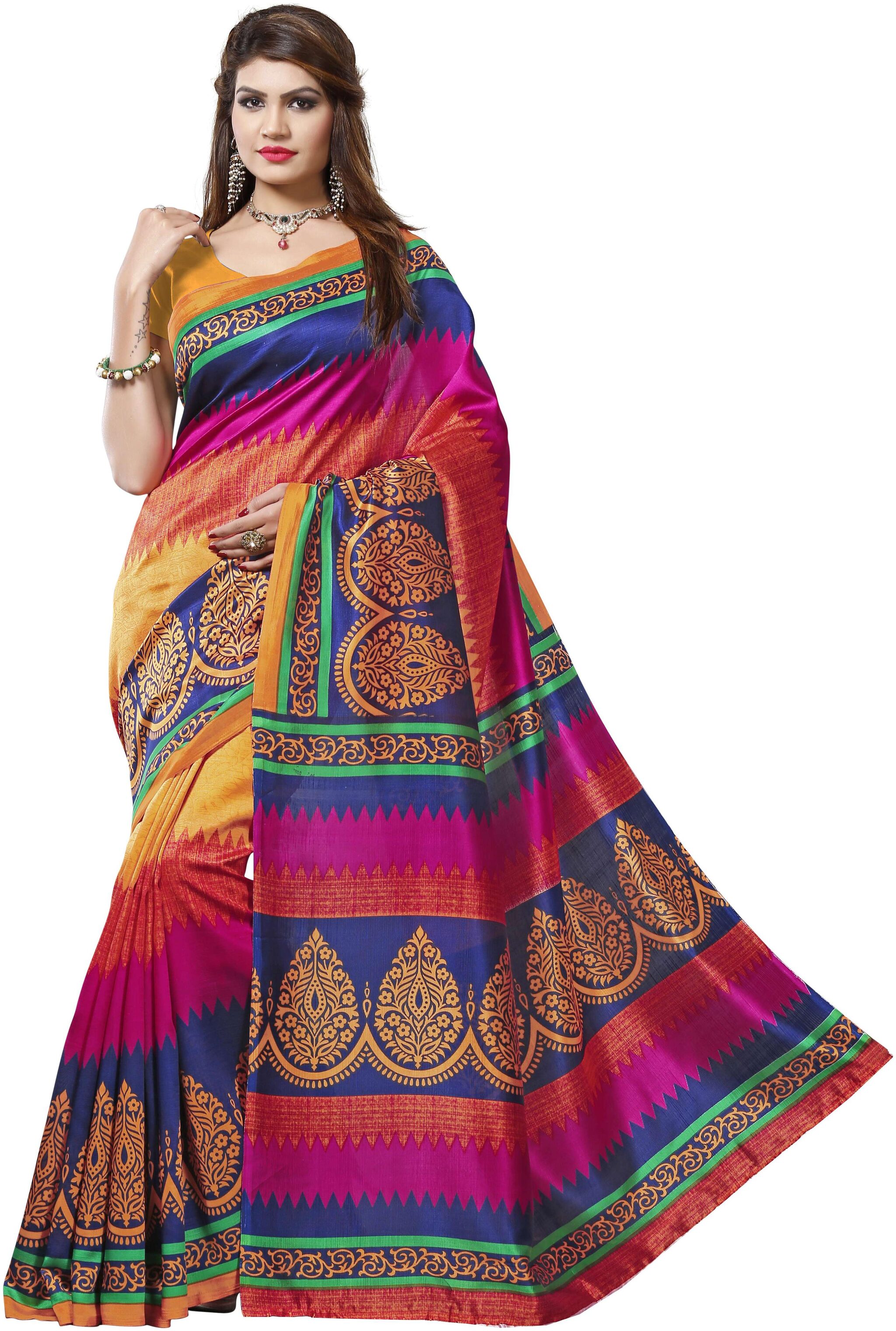 

Indian Beauty Women s Orange Color Bhagalpuri Silk Printed Saree With Blouse