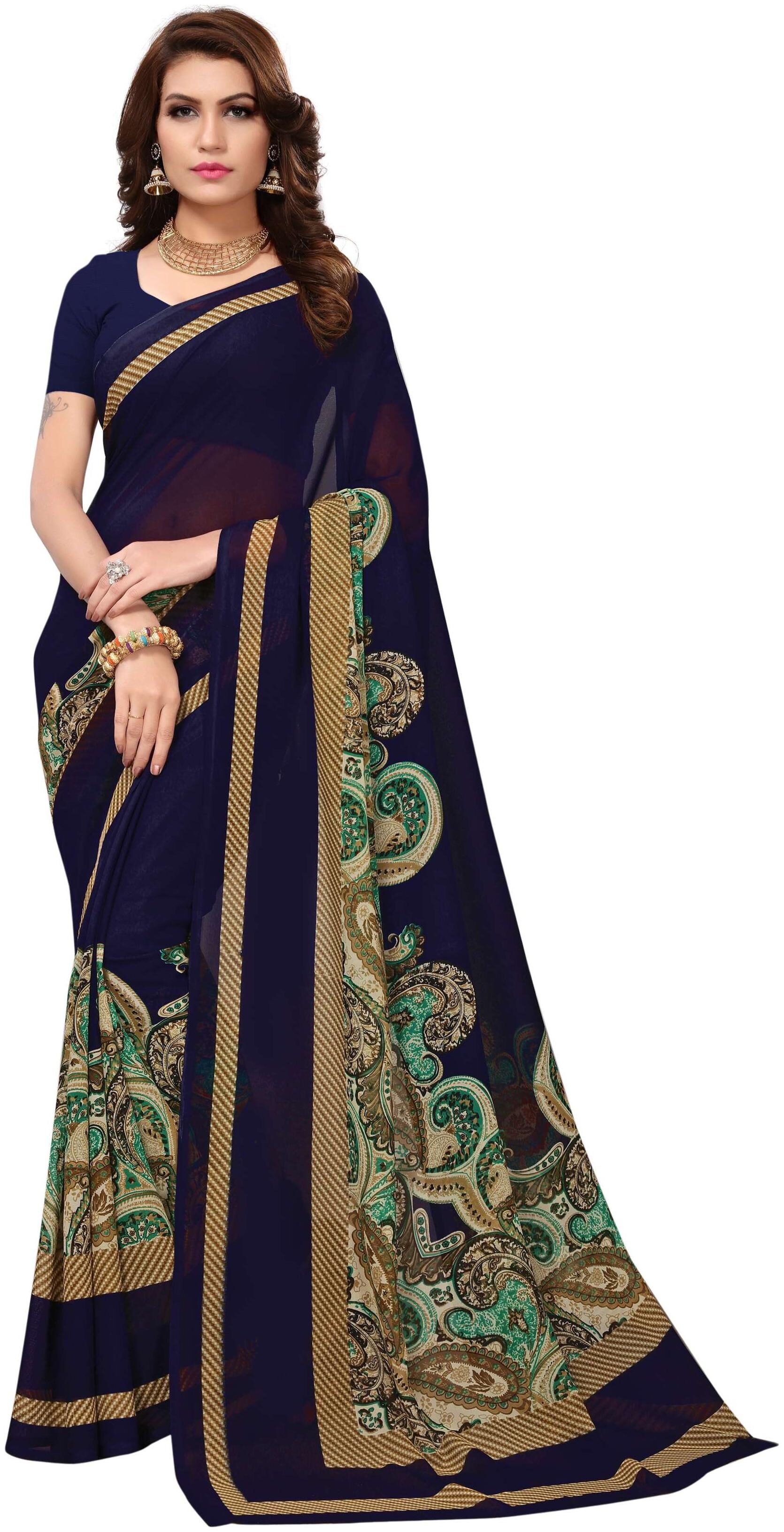 

Indian Beauty Women s Blue Color Georgette Printed Saree With Blouse