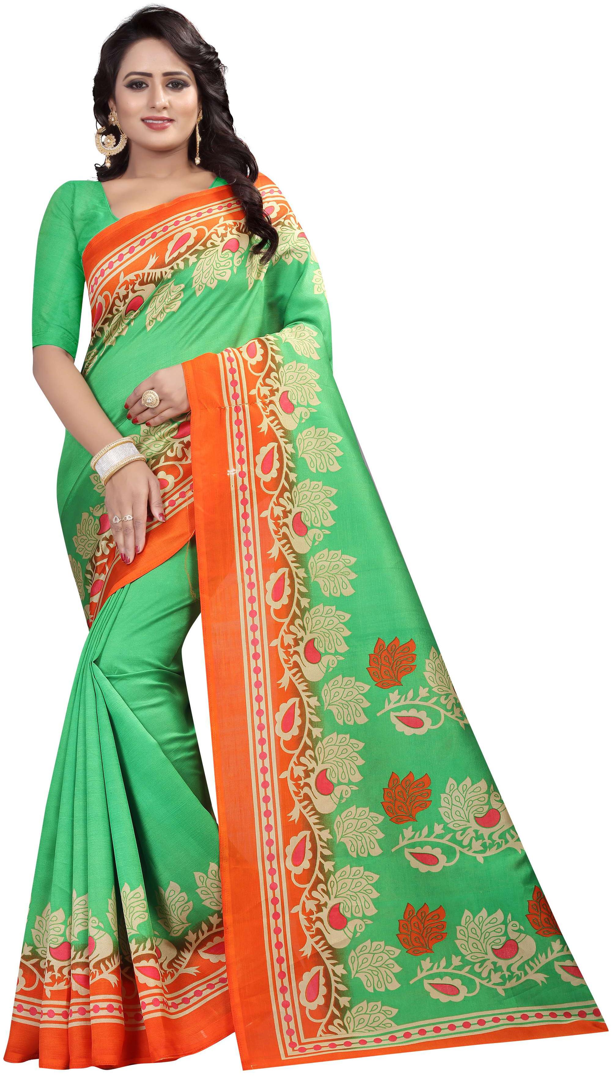 

Indian Beauty Women s Green Mysore Silk With Blouse Printed Sarees