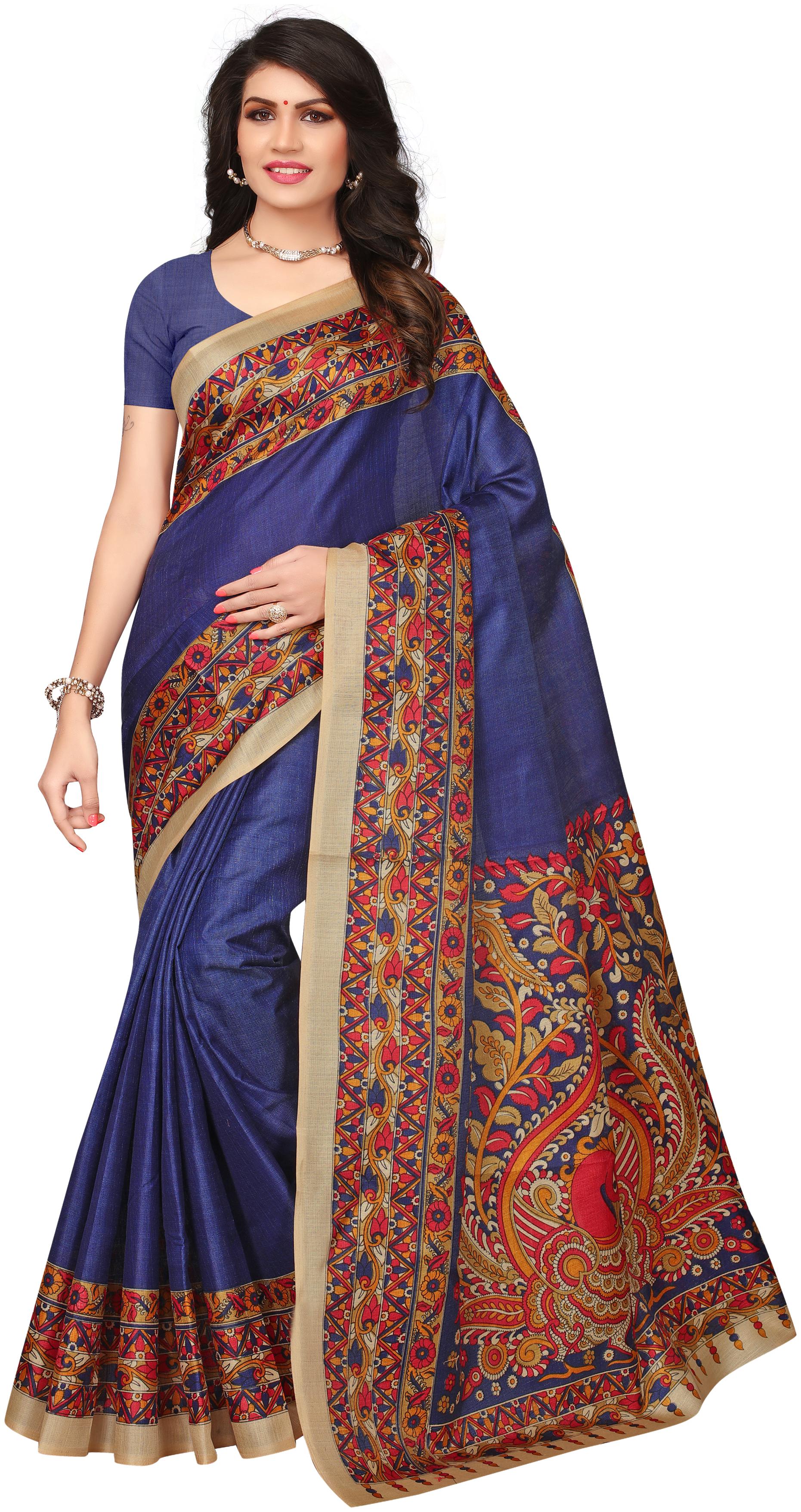 

Indian Beauty Women s Blue Color Khadi Jute Silk Printed Saree With Blouse