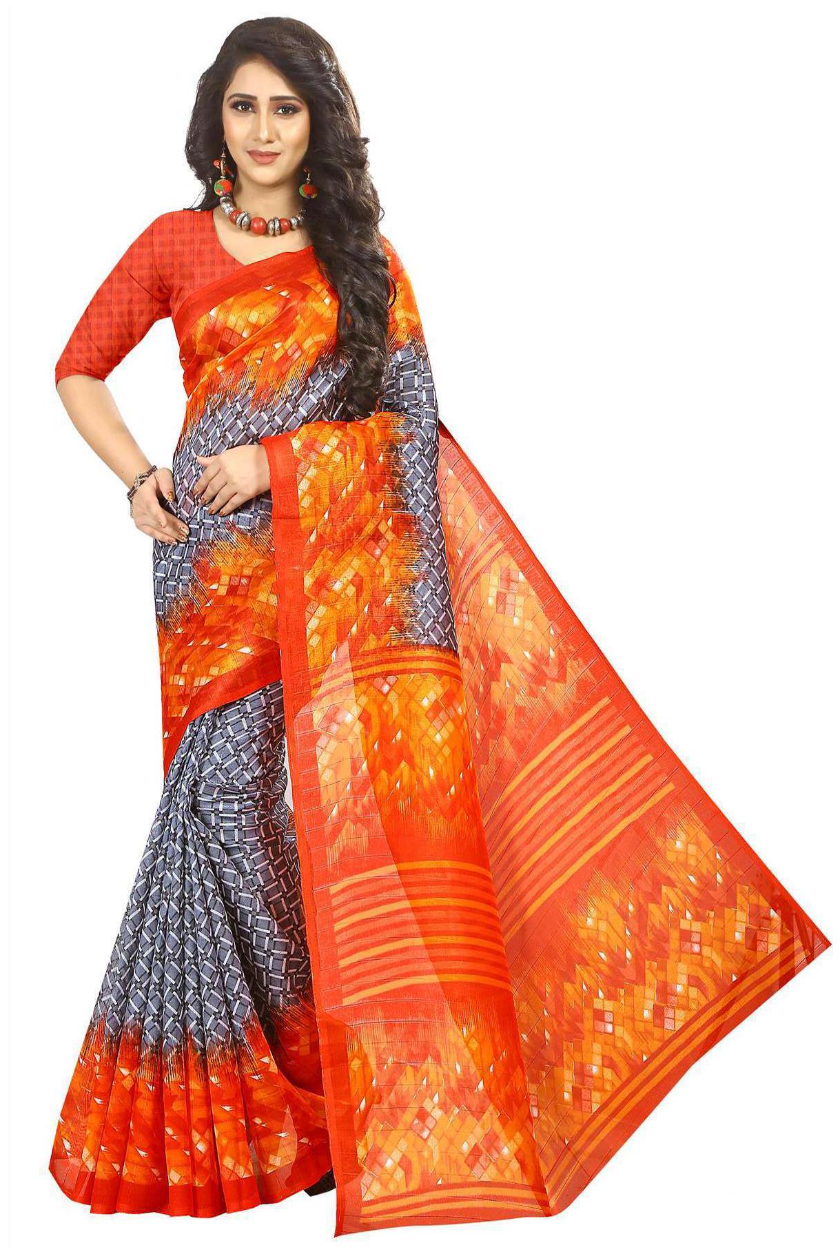 

Indian Beauty Women s Orange Color Bhagalpuri Silk Printed Saree With Blouse