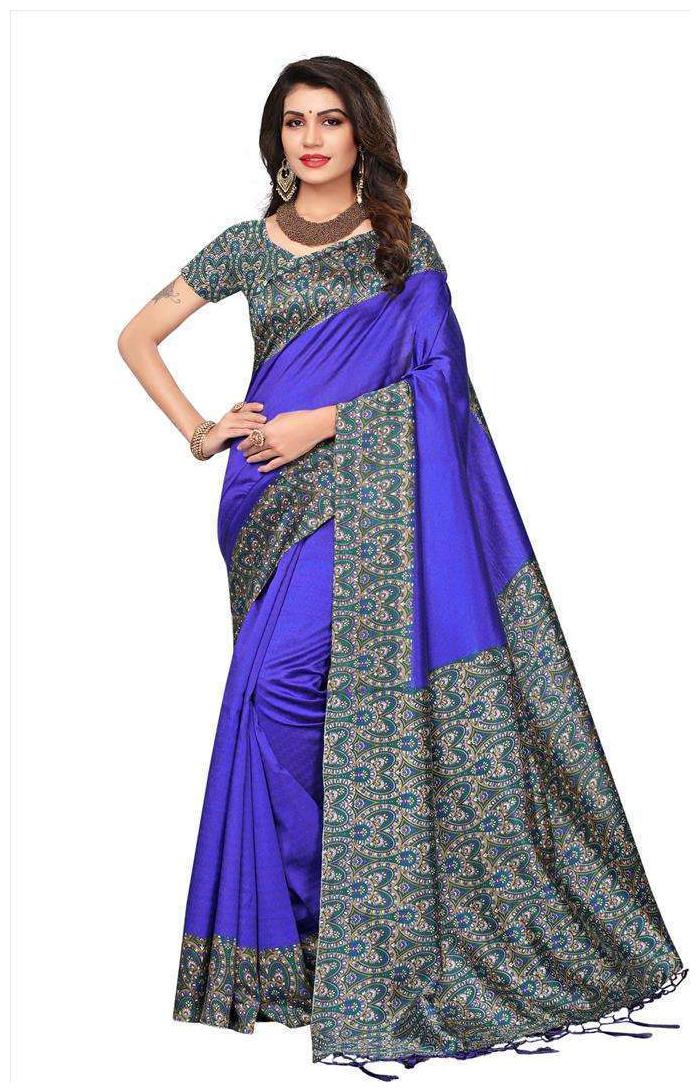 

Indian Beauty Women s Blue Color Mysore Silk With Tessals Saree With Blouse Piece