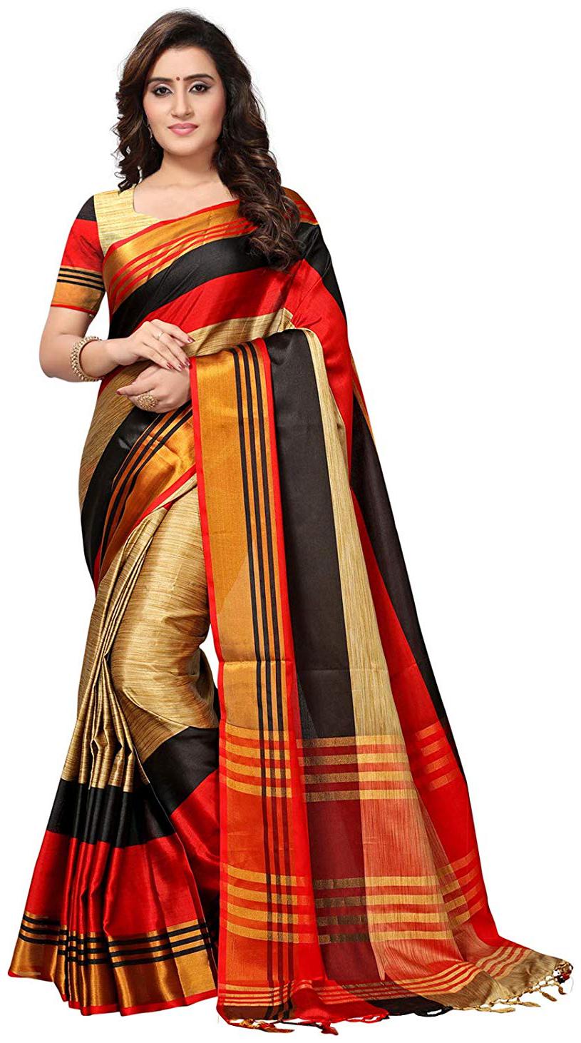 

Indian Beauty Women s Cotton Silk Gold Stripes Saree With Blouse pcs