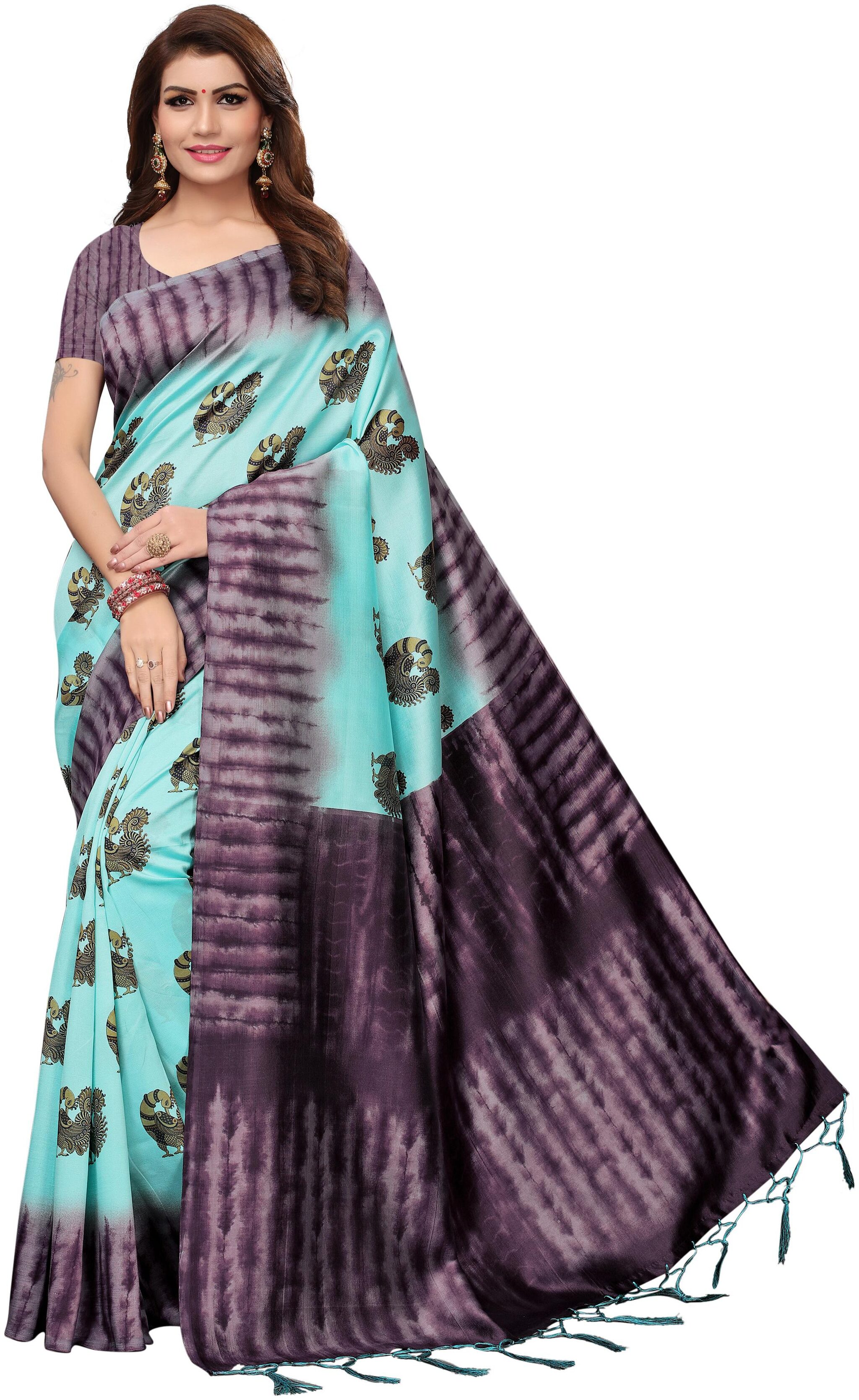 

Indian Beauty Women Art Silk Printed Saree Border Tassels with Blouse pcs(NAGMAA RAMA Rama Free Size)