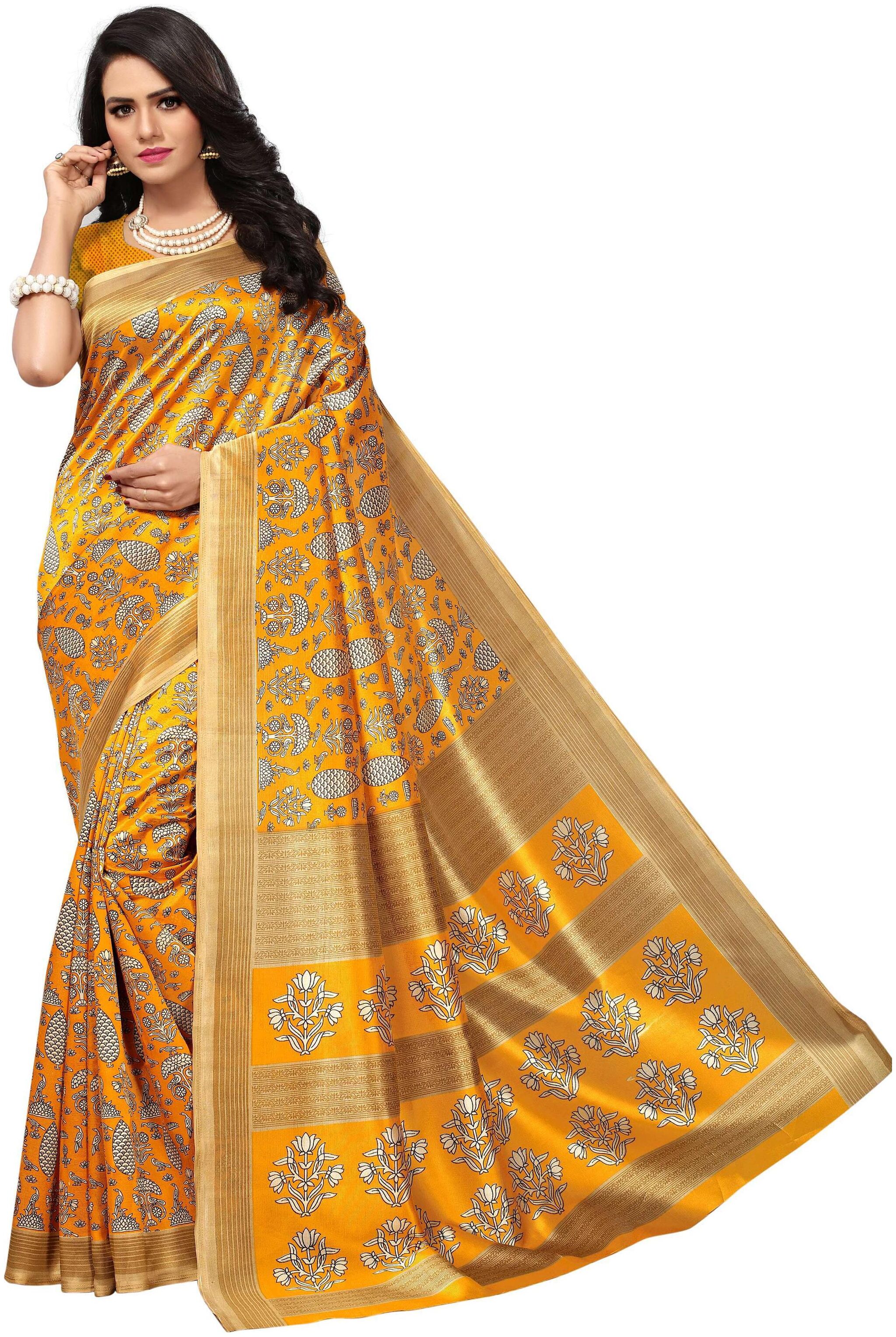 

Indian Beauty Women s Yellow Color Mysore Silk Printed Saree With Blouse