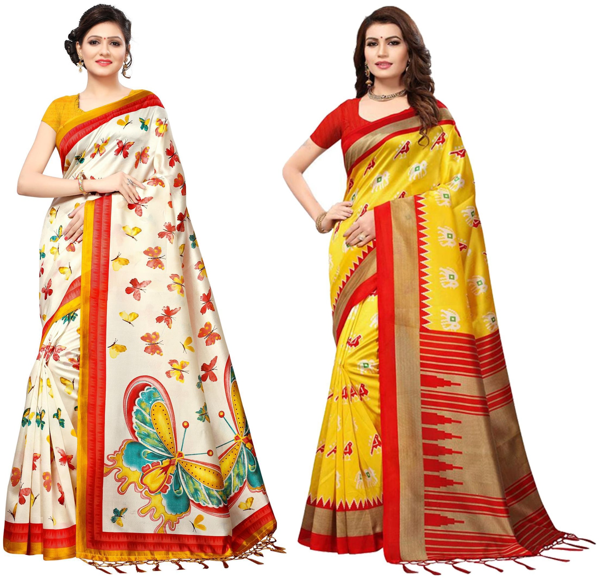 

Indian Beauty Women s Multi Color Art Mysore Silk With Tessals Printed Saree With Blouse Piece (Pack of 2 Multi Color Free Size)