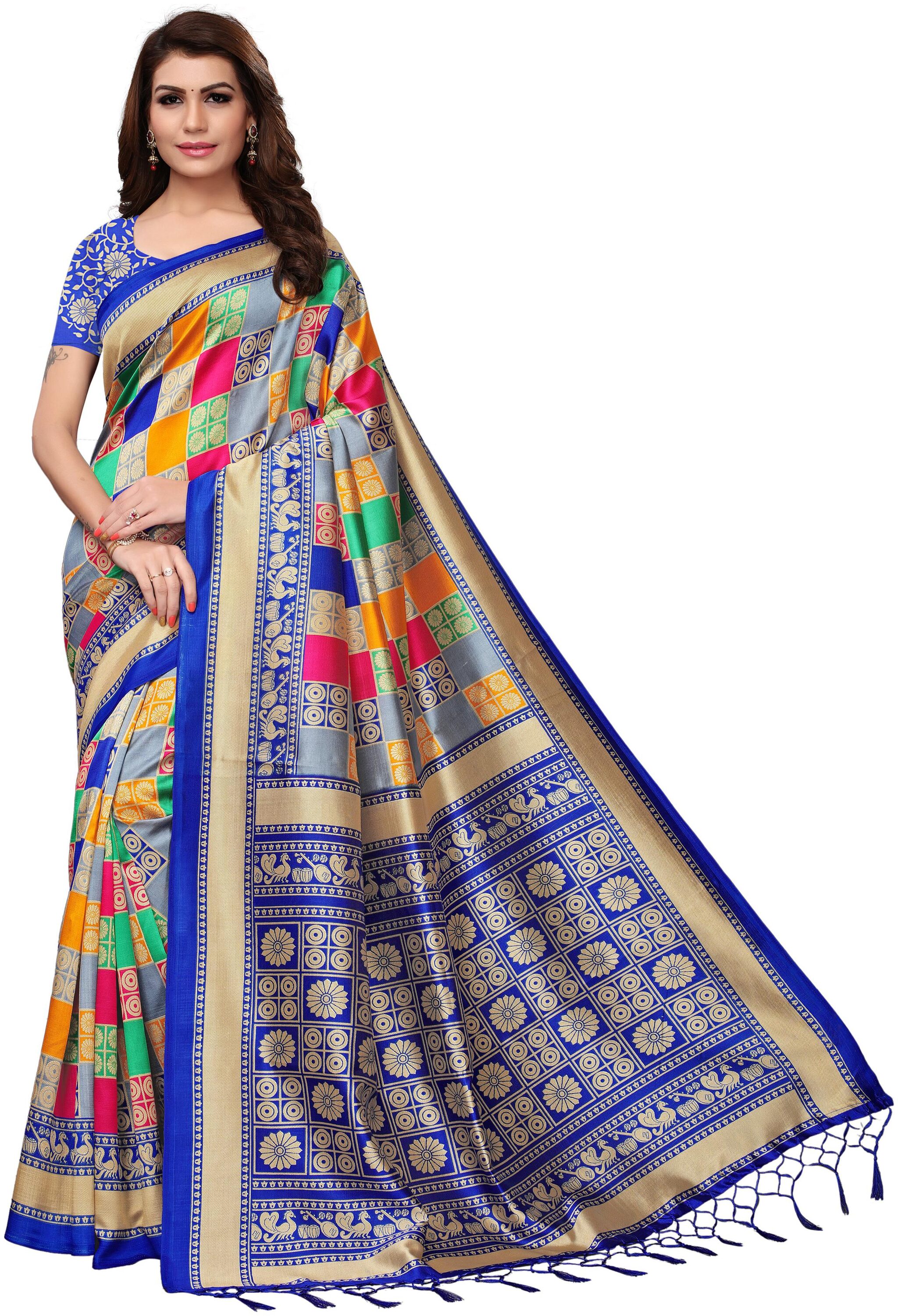 

Indian Beauty Women Blue Color Mysore Silk Printed Saree Border Tassels With Blouse pcs(DESIGNER-BOX-BLUE Free Size)