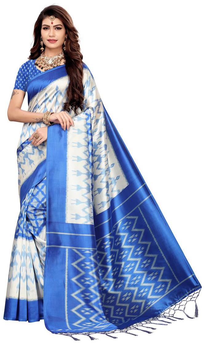 

Indian Beauty Women Blue White Color Mysore Silk Saree Border Tassels With Blouse pcs